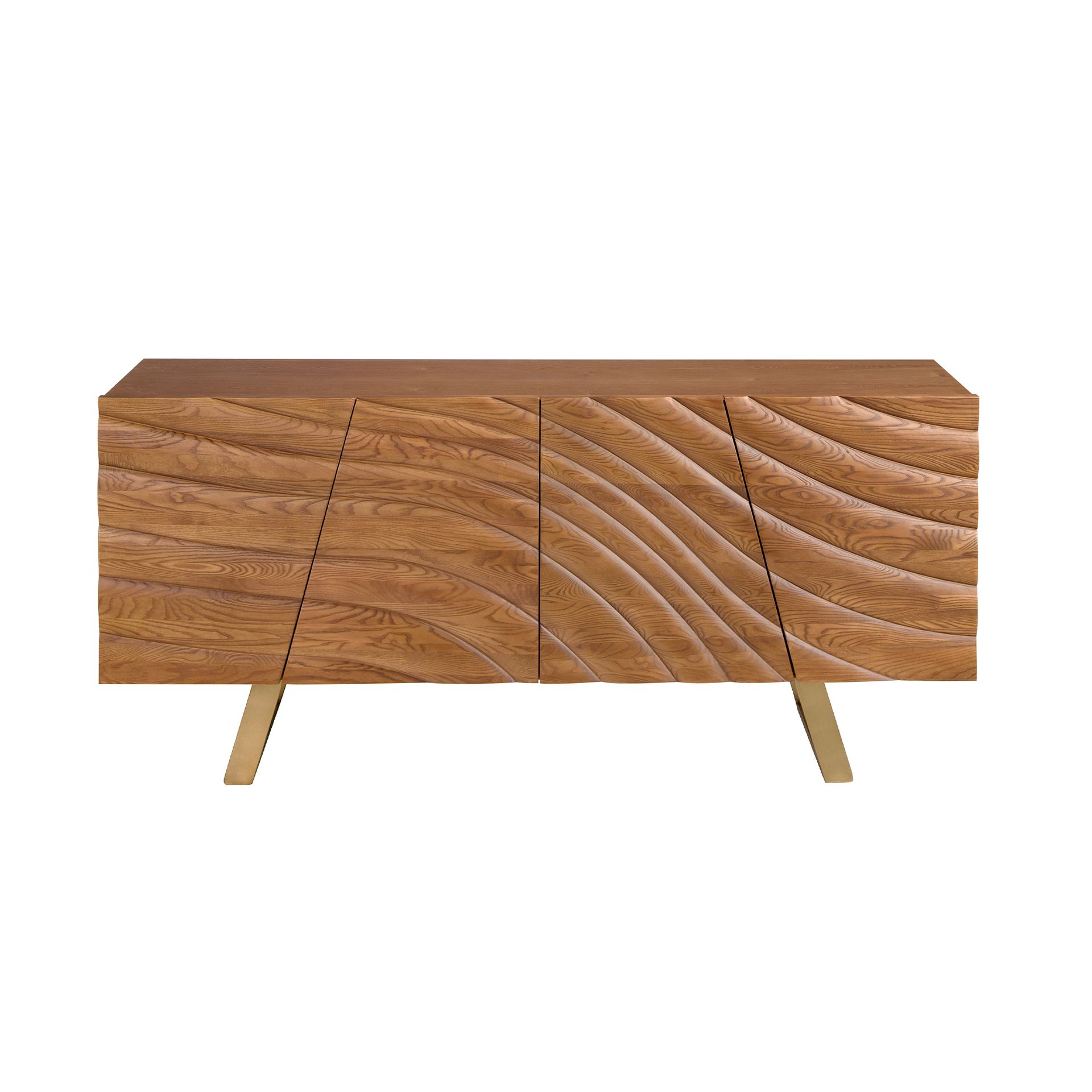 Sideboard in light walnut and polished gold-coloured steel