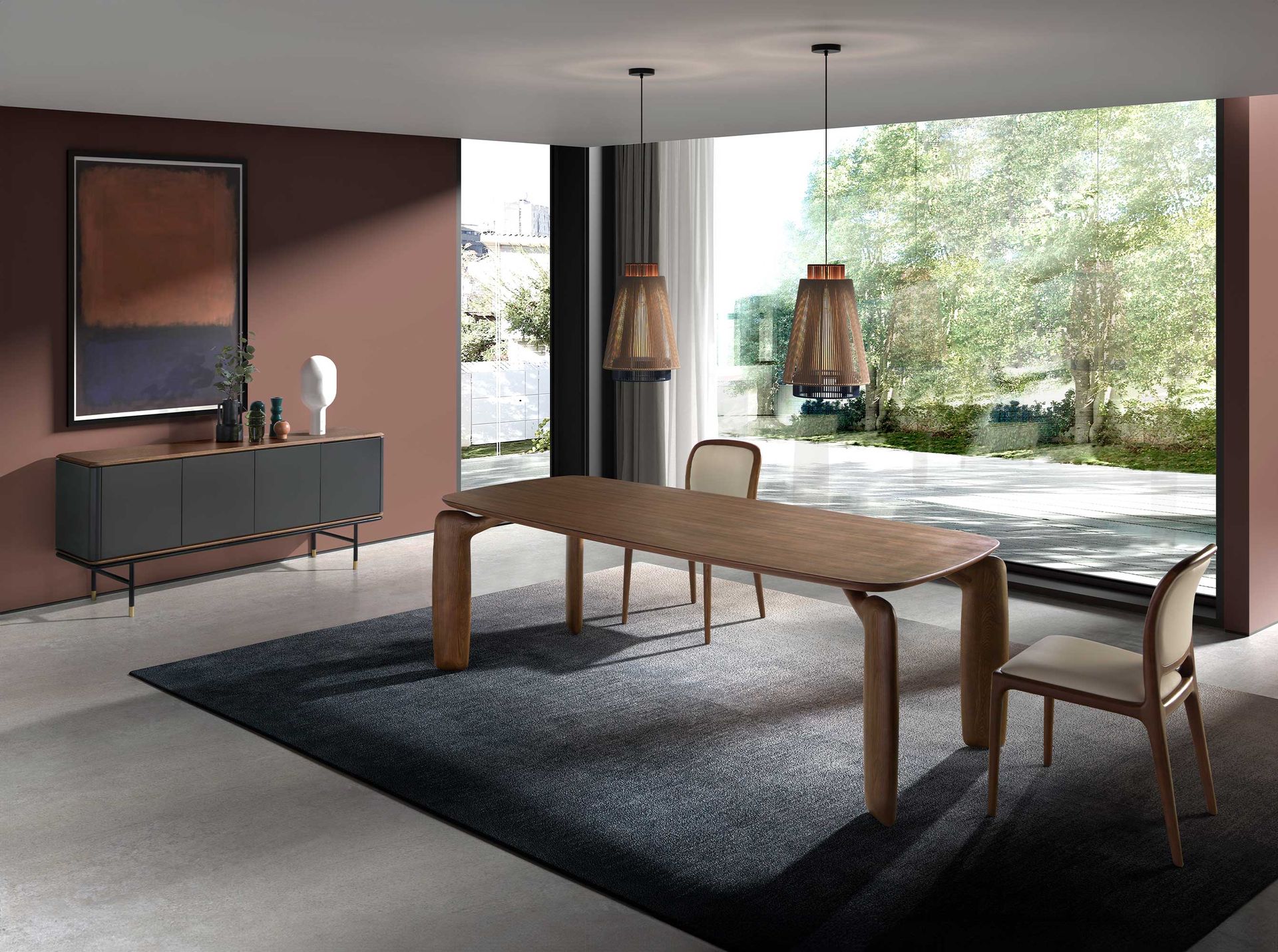 Sideboard in dark grey wood, black steel and walnut top