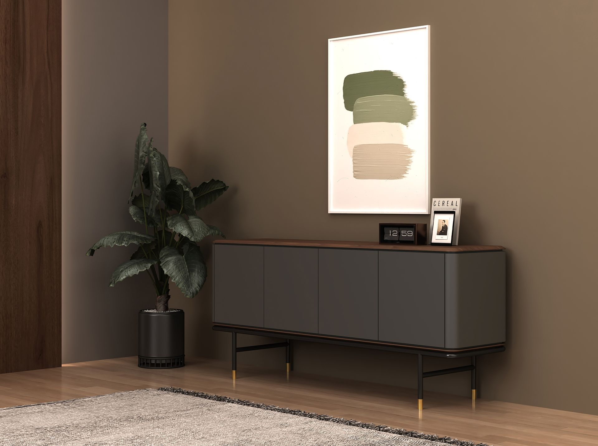 Sideboard in dark grey wood, black steel and walnut top