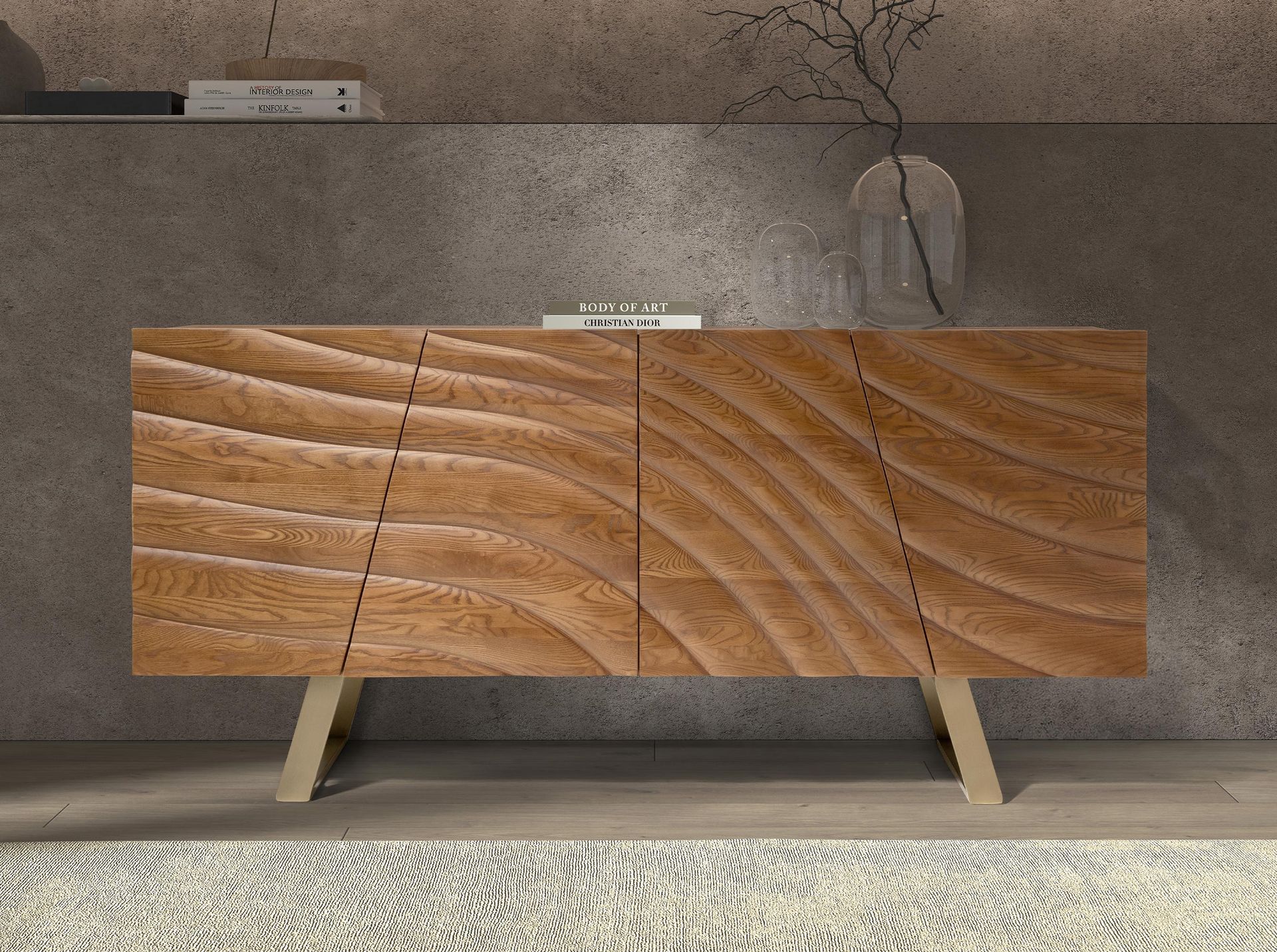 Sideboard in light walnut and polished gold-coloured steel