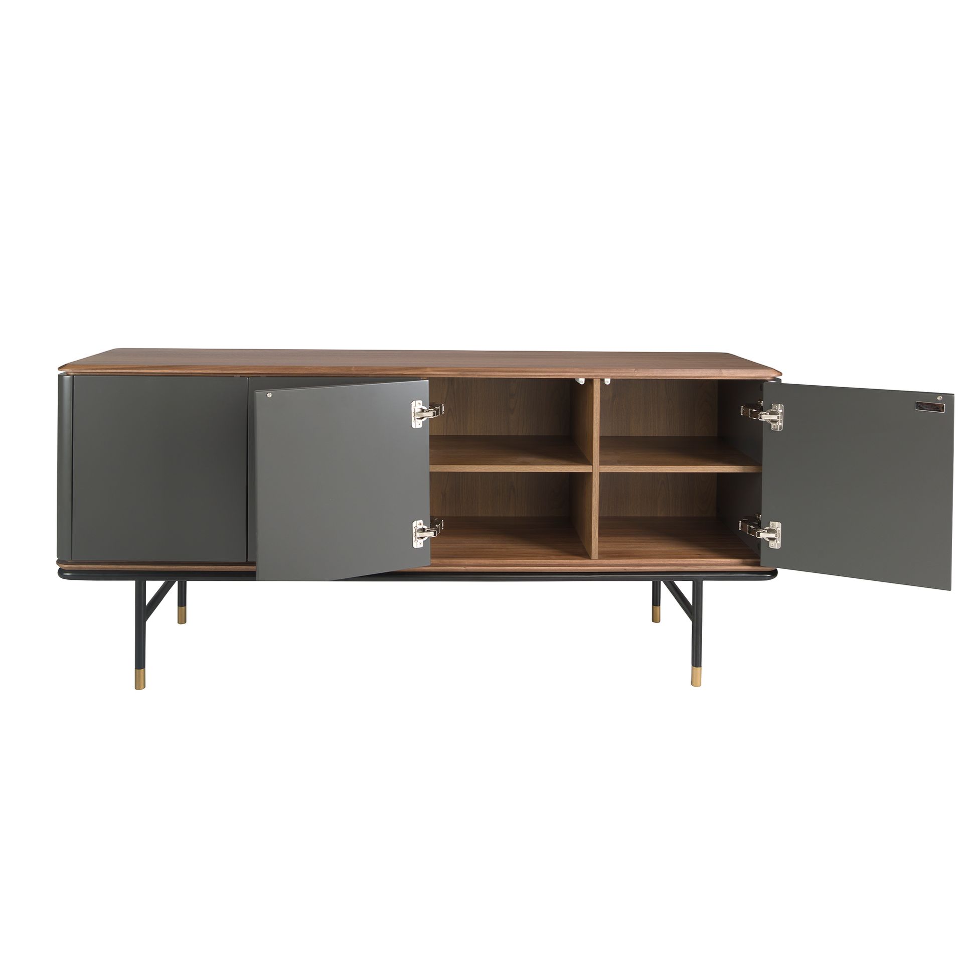Sideboard in dark grey wood, black steel and walnut top
