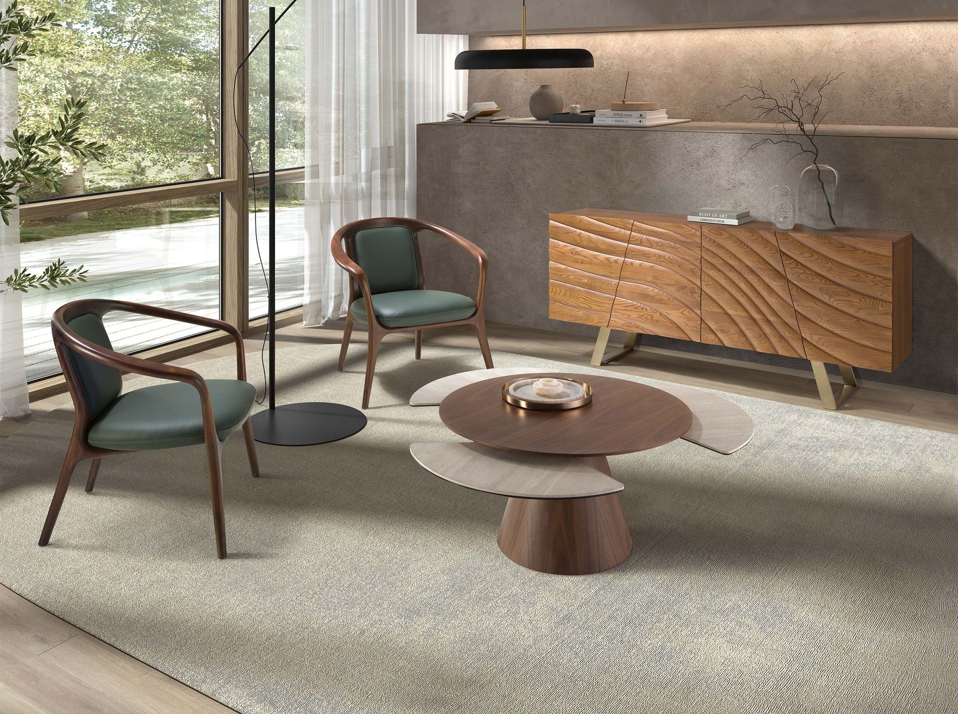 Sideboard in light walnut and polished gold-coloured steel