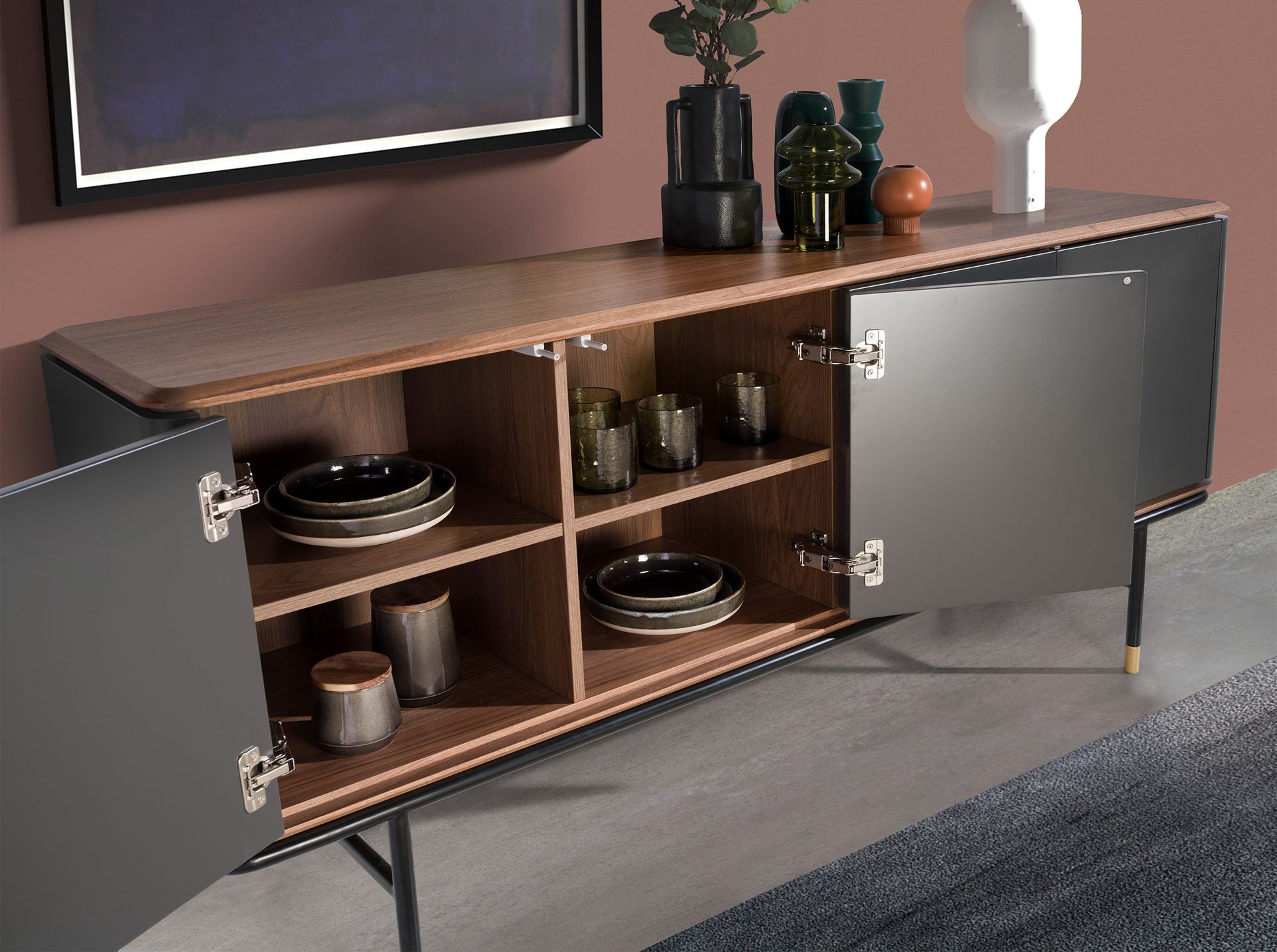 Sideboard in dark grey wood, black steel and walnut top