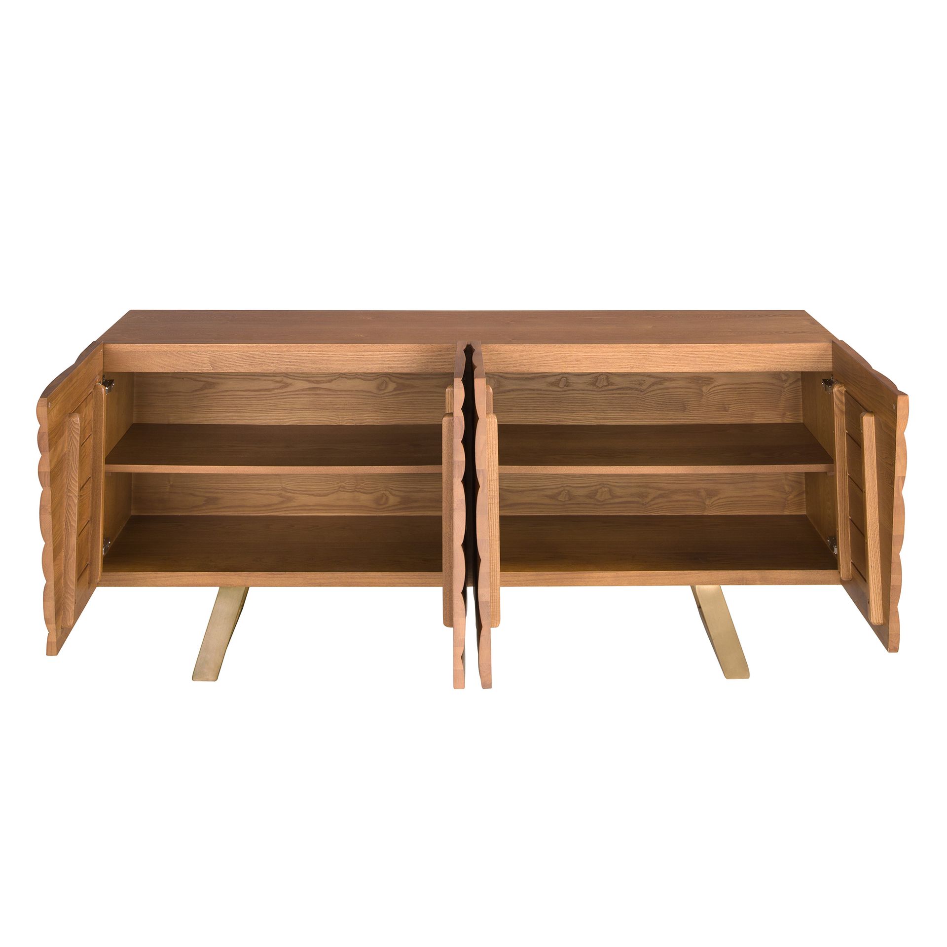 Sideboard in light walnut and polished gold-coloured steel