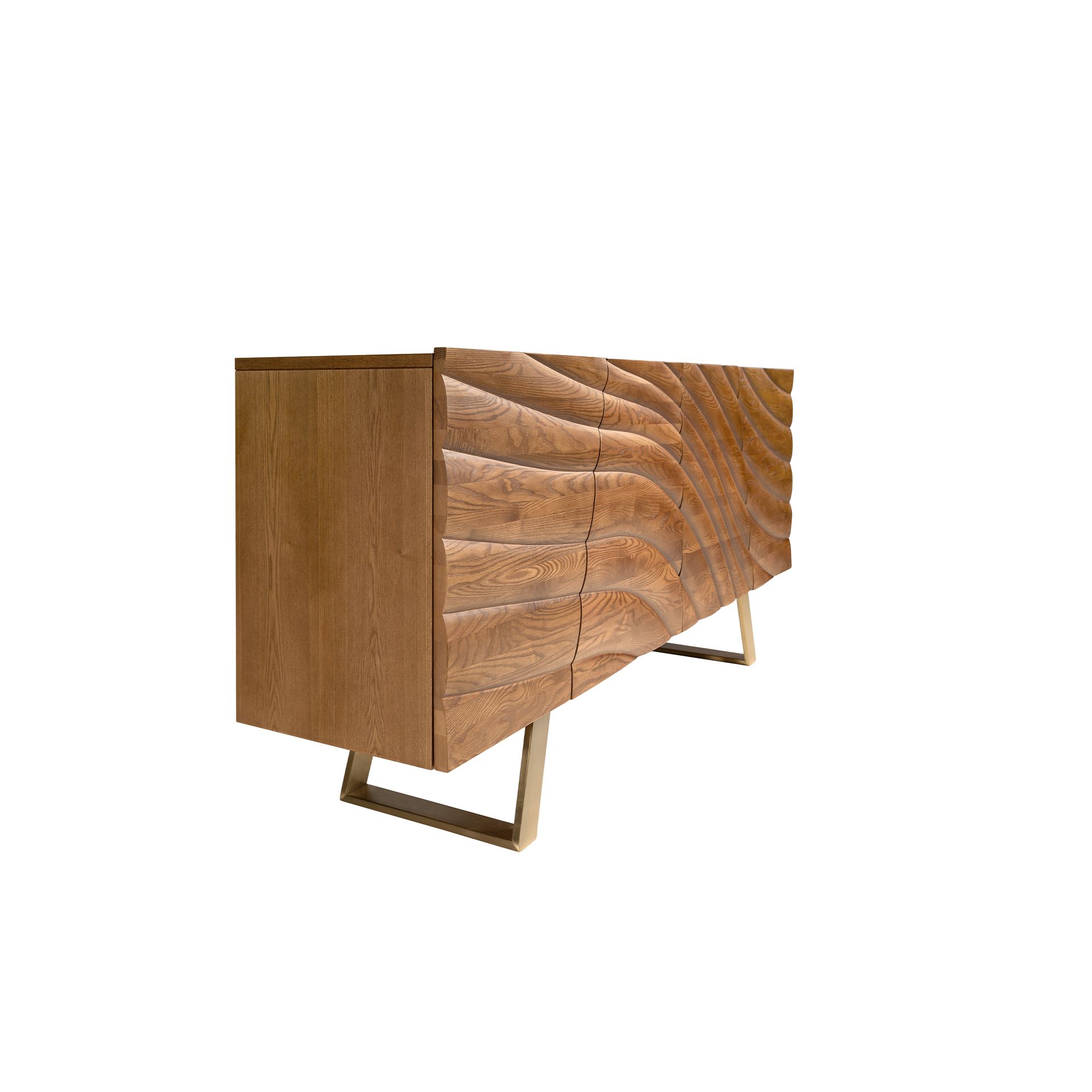 Sideboard in light walnut and polished gold-coloured steel