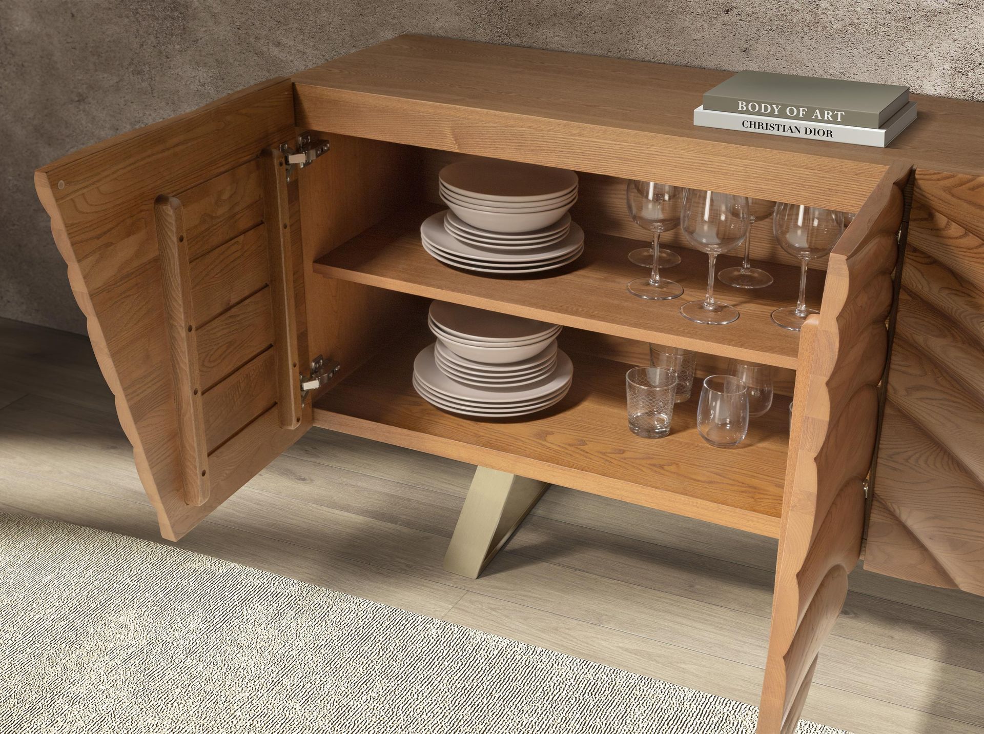 Sideboard in light walnut and polished gold-coloured steel