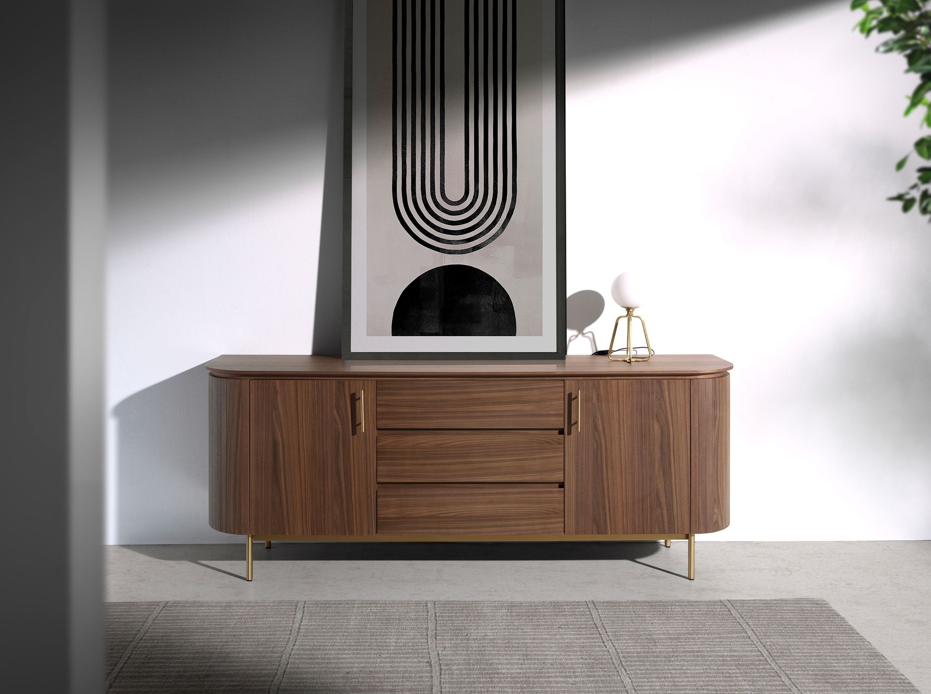 Sideboard walnut and golden polished steel