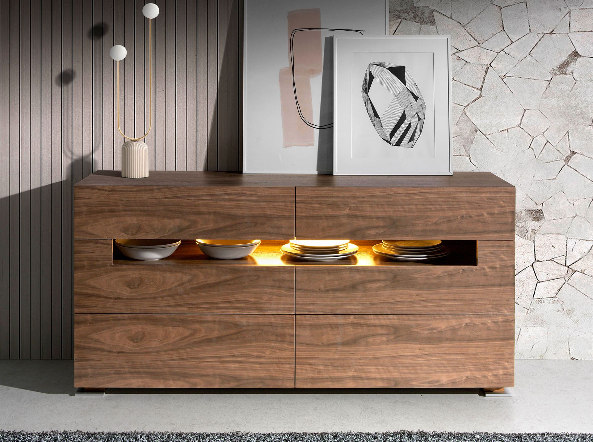 Sideboard walnut and polished steel with interior lighting