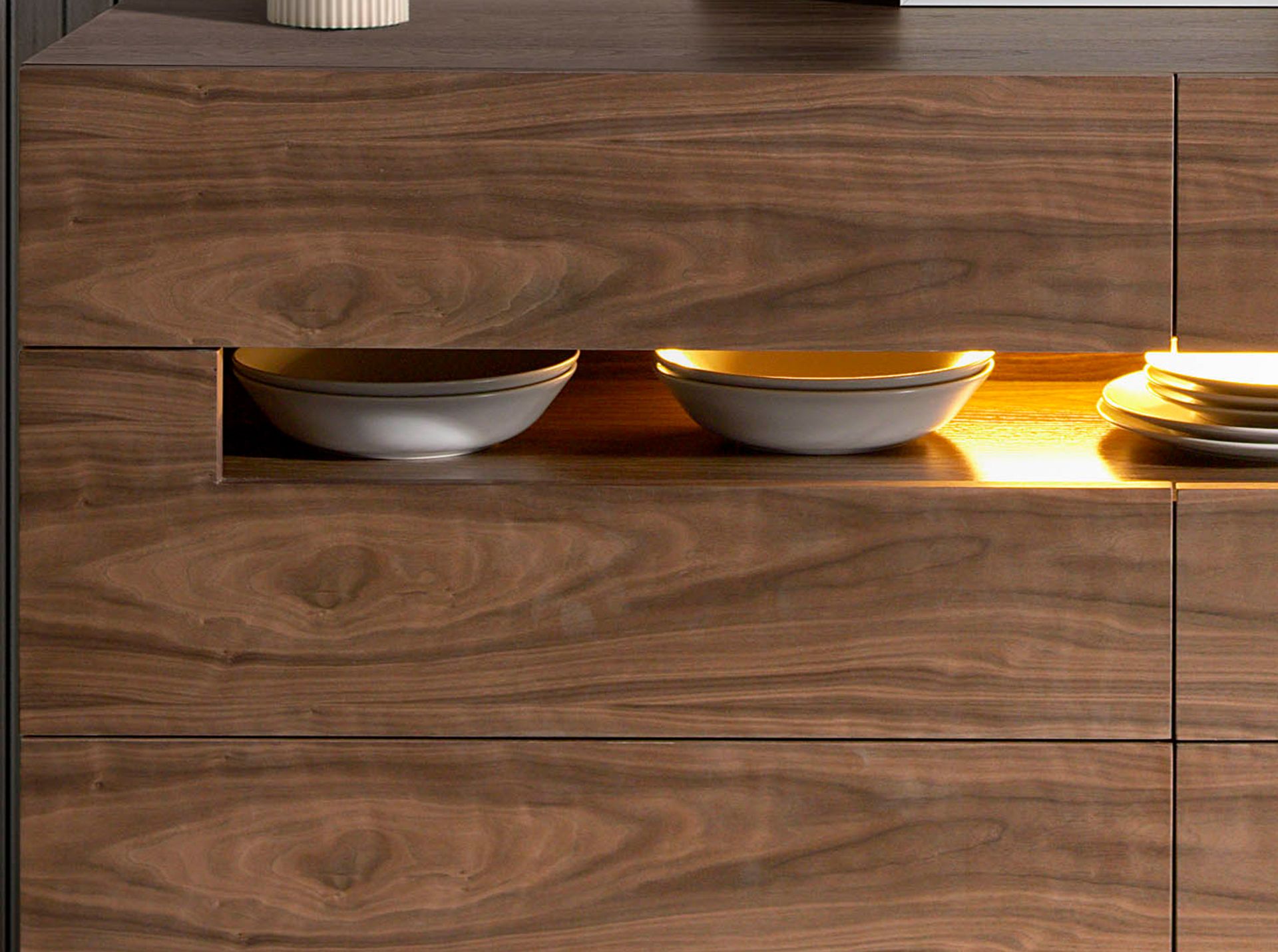 Sideboard walnut and polished steel with interior lighting