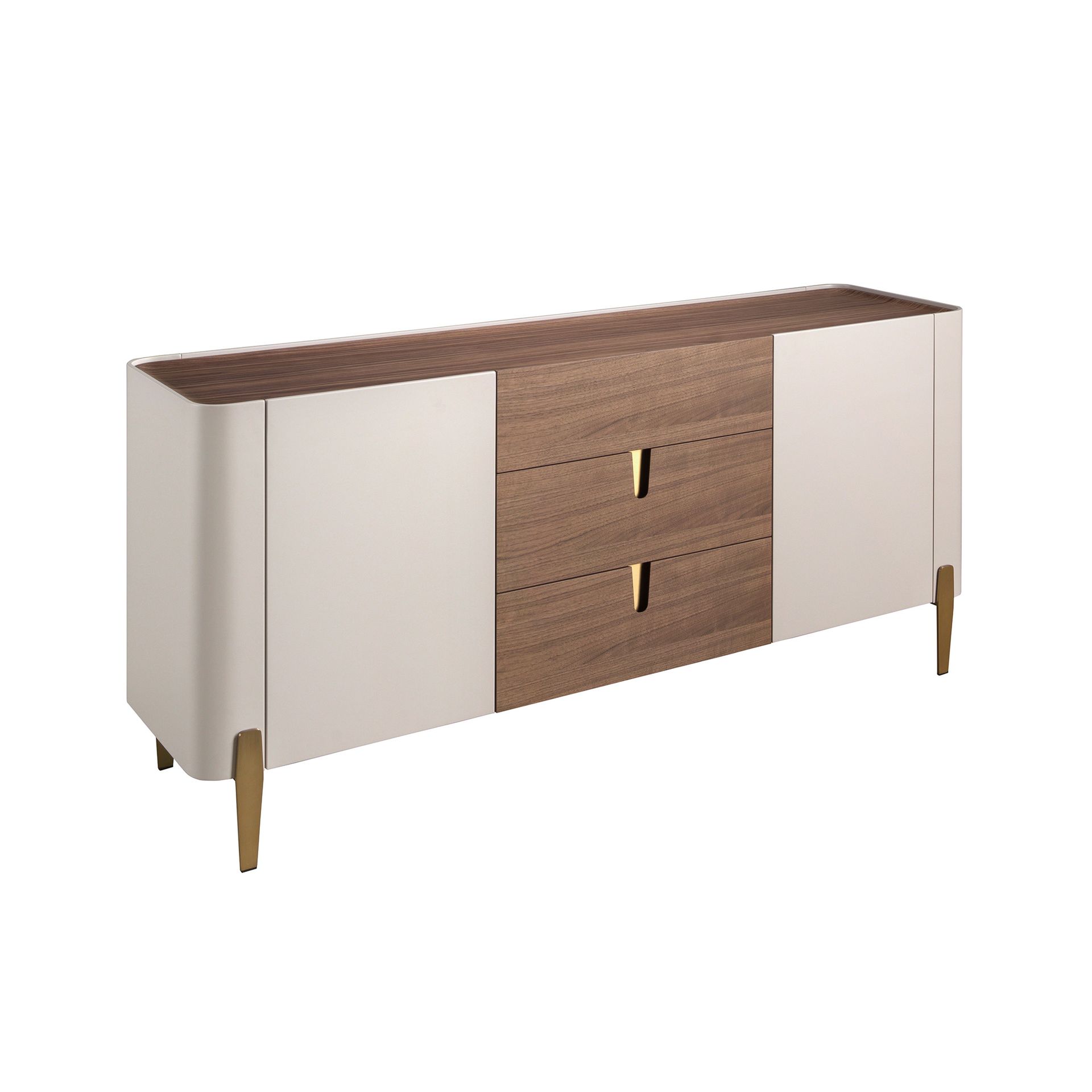 Sideboard walnut, beige, gilded polished steel and walnut top