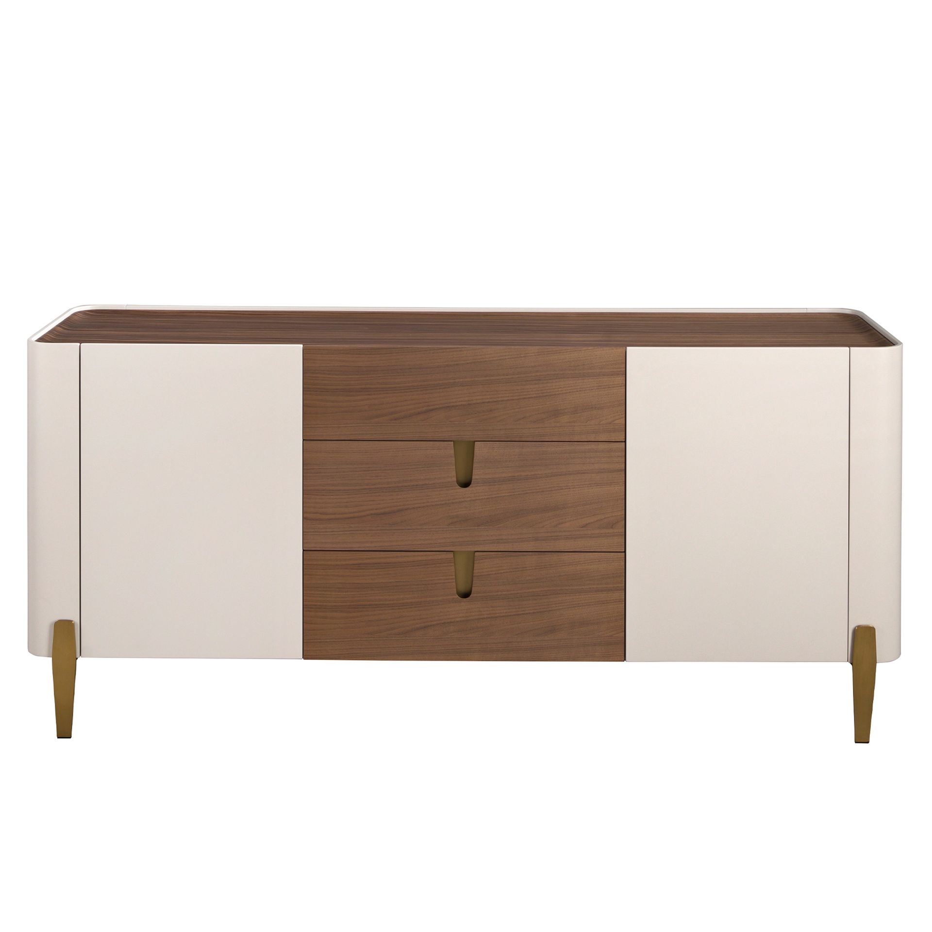 Sideboard walnut, beige, gilded polished steel and walnut top