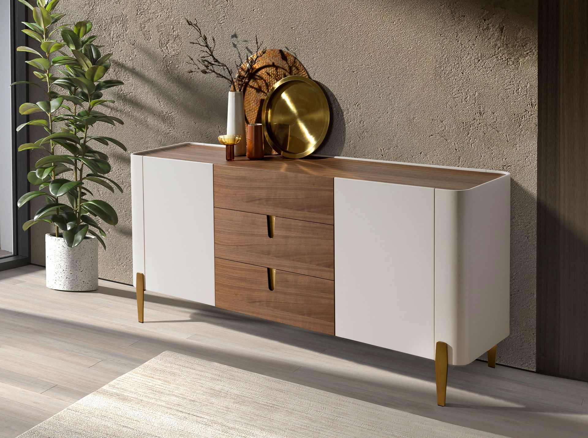 Sideboard walnut, beige, gilded polished steel and walnut top