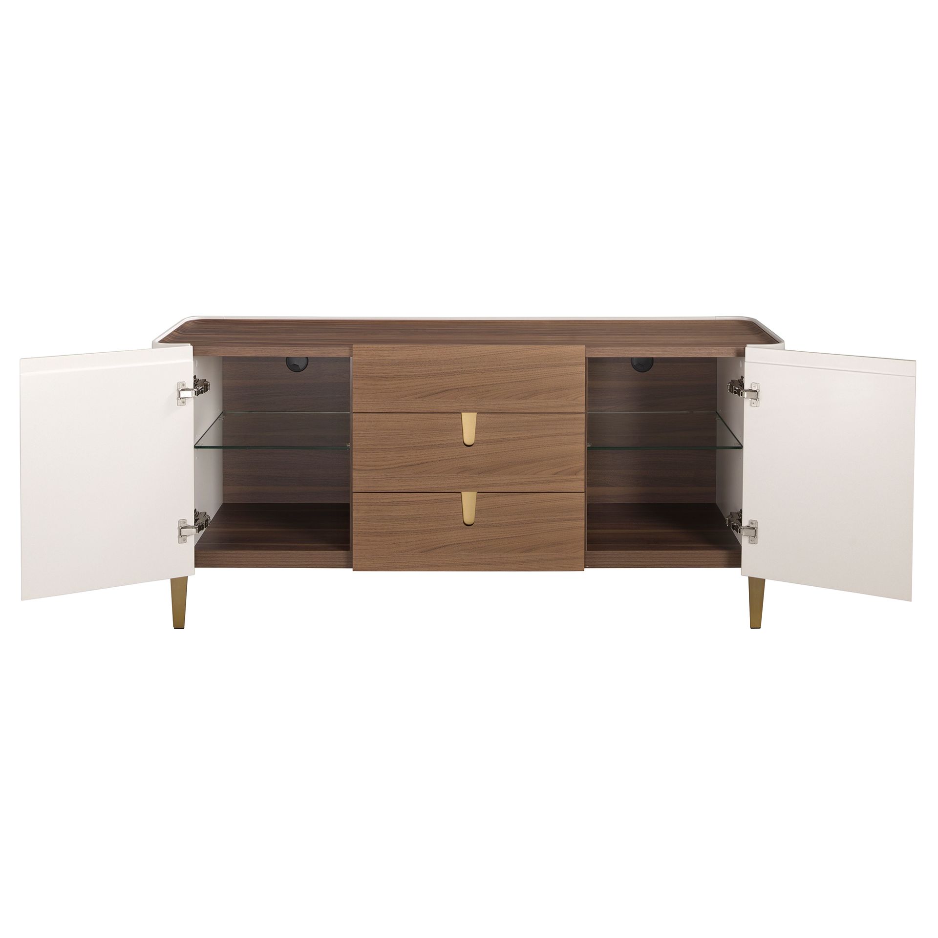 Sideboard walnut, beige, gilded polished steel and walnut top