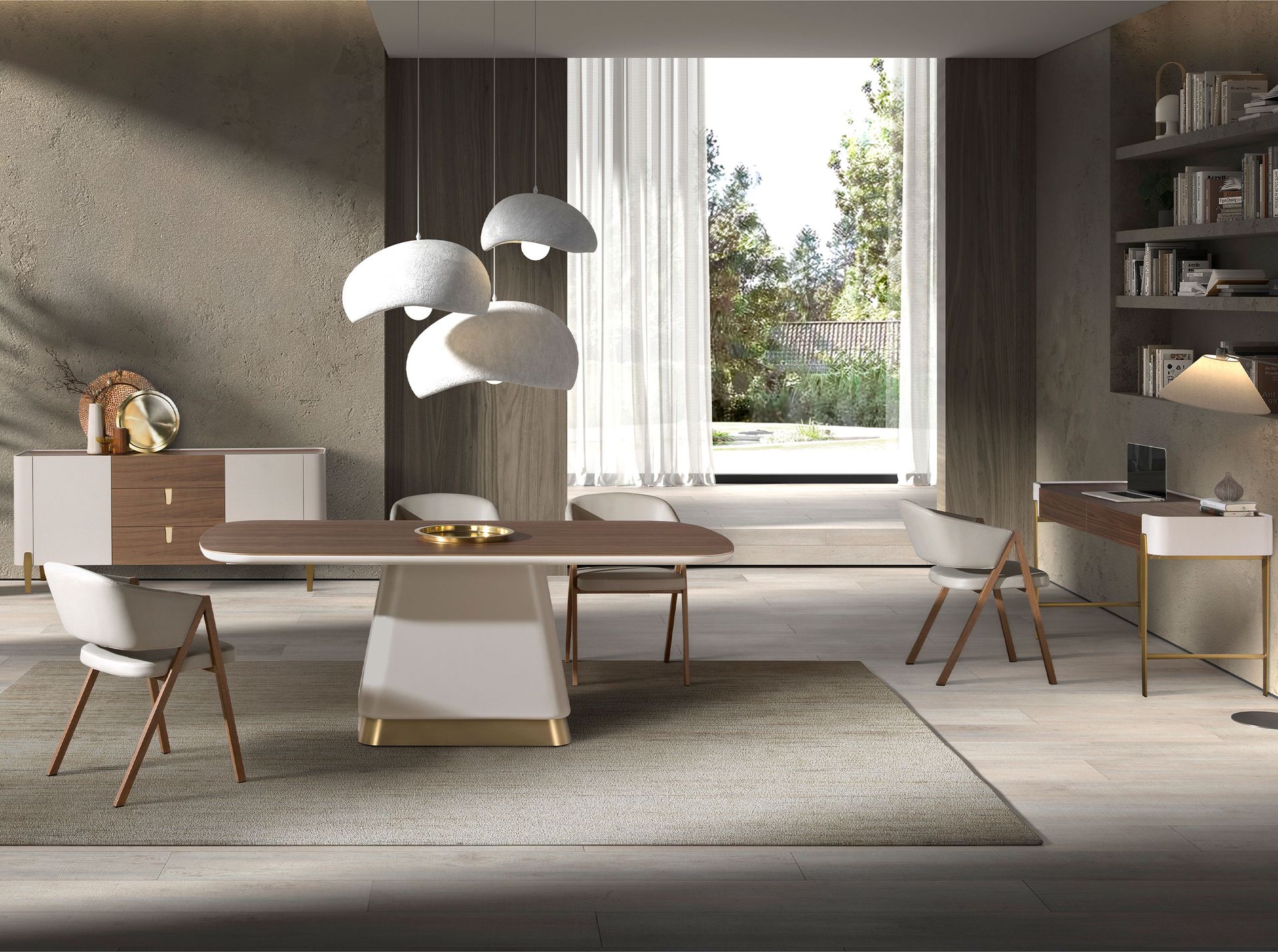 Sideboard walnut, beige, gilded polished steel and walnut top