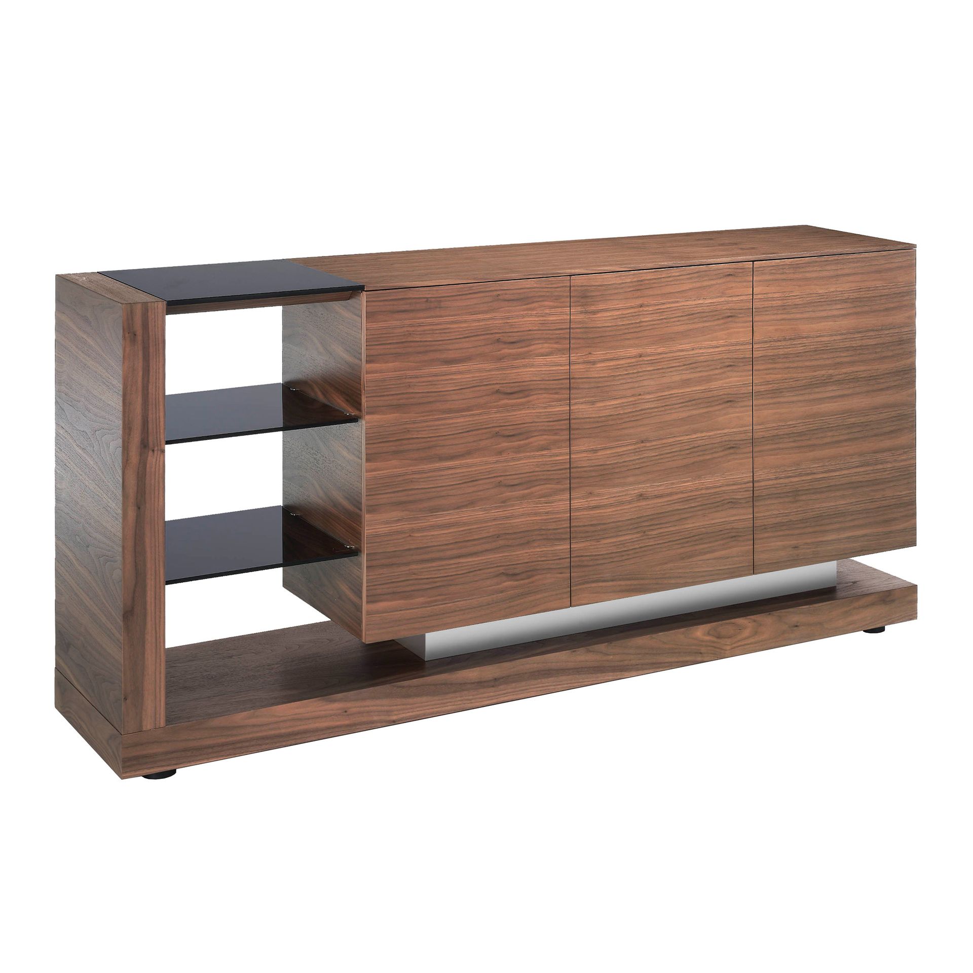 Sideboard walnut, brushed steel and black glass top