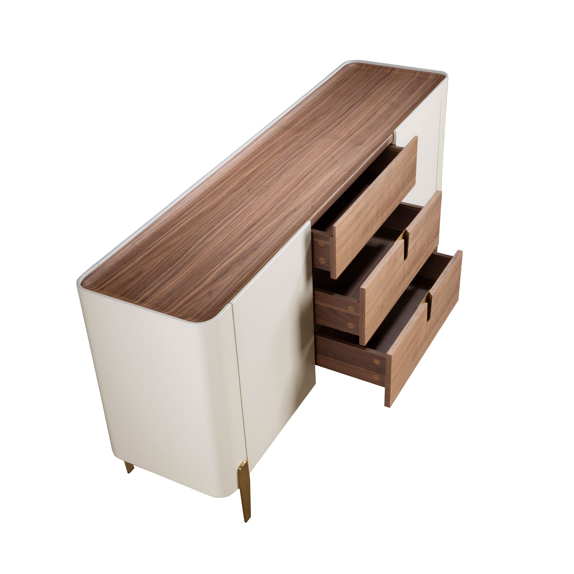 Sideboard walnut, beige, gilded polished steel and walnut top
