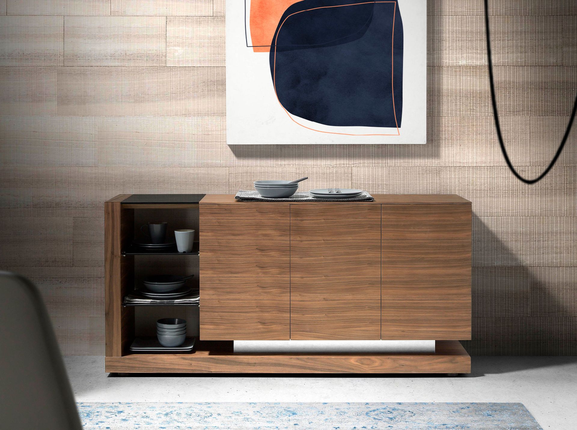 Sideboard walnut, brushed steel and black glass top