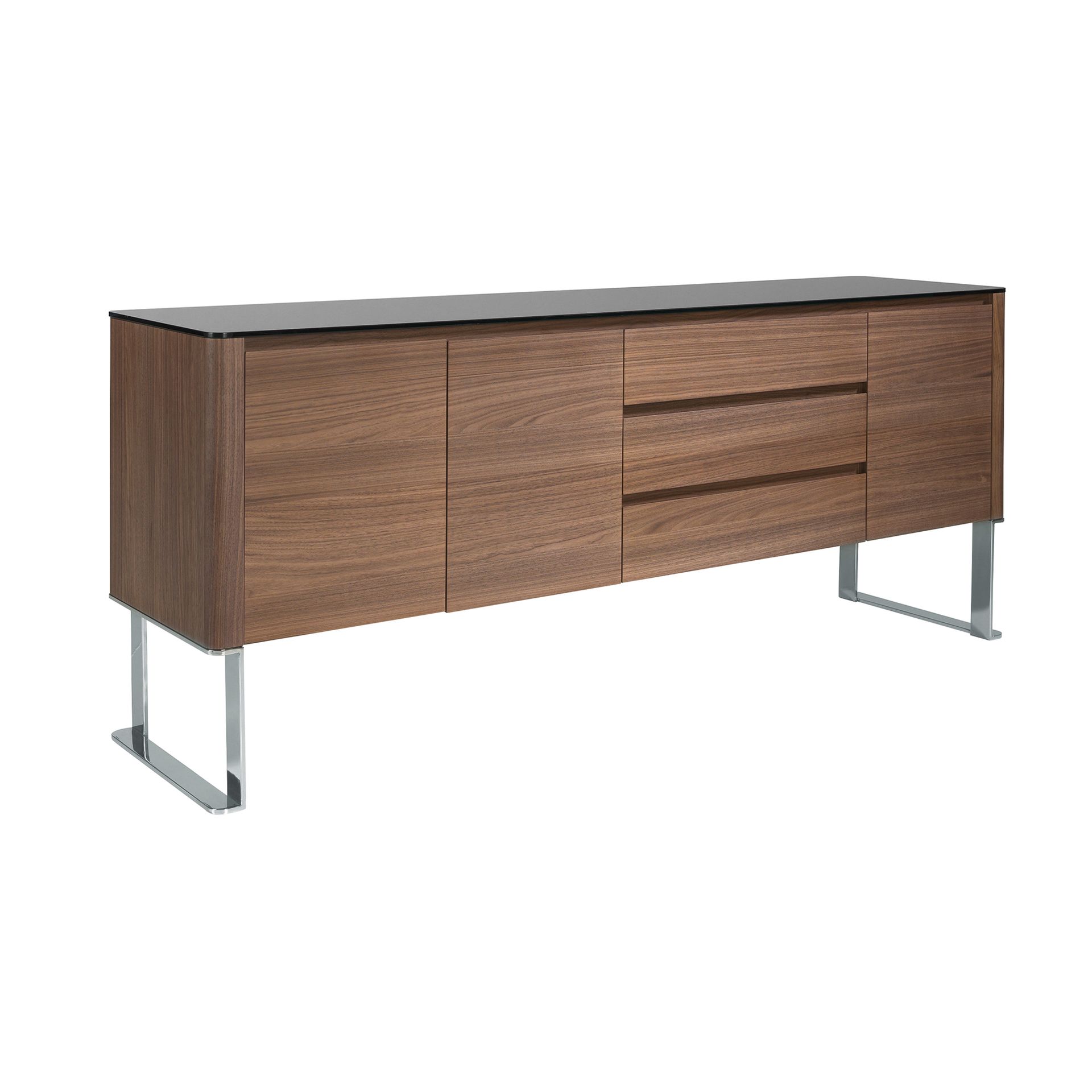 Sideboard walnut, chrome-plated steel and black glass top