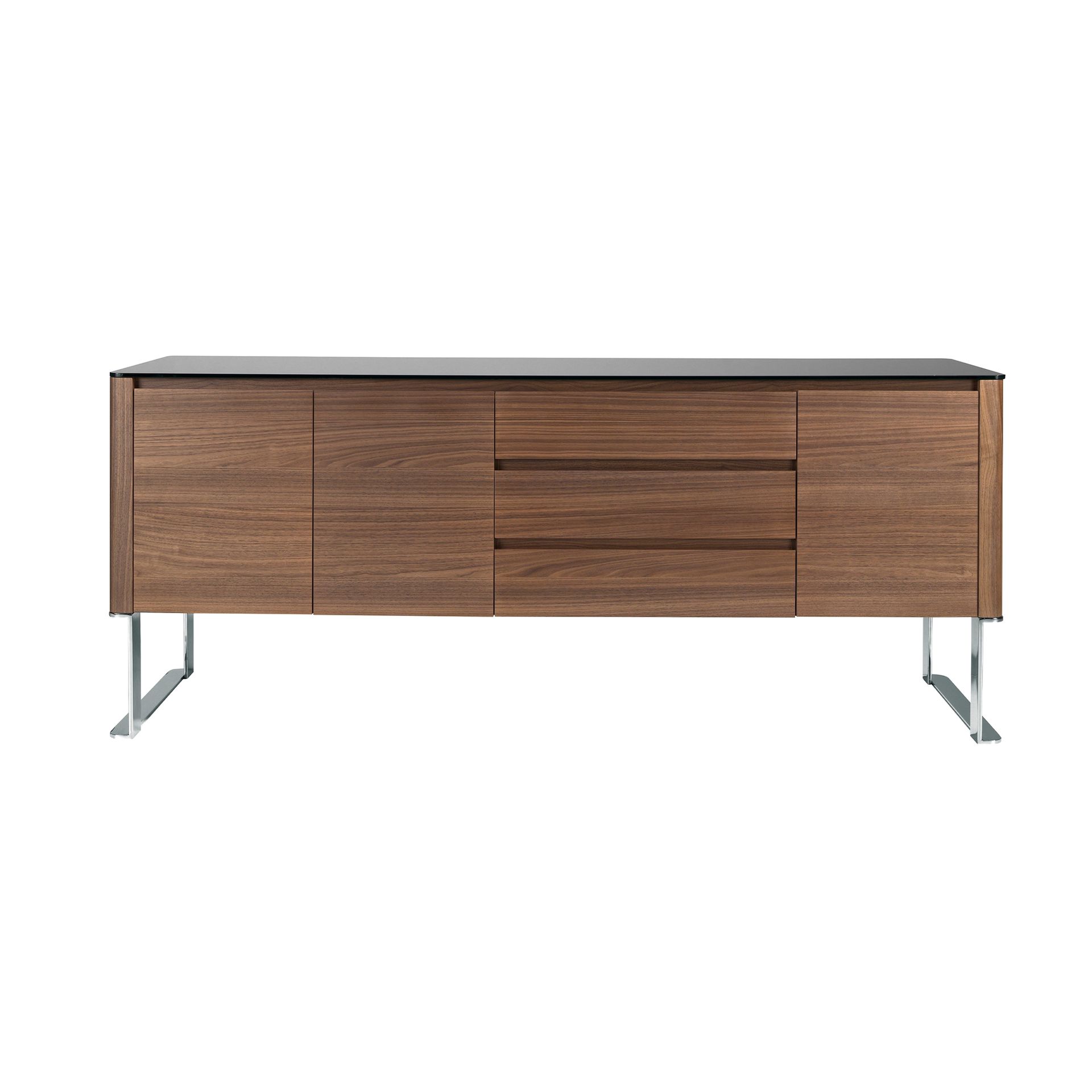 Sideboard walnut, chrome-plated steel and black glass top