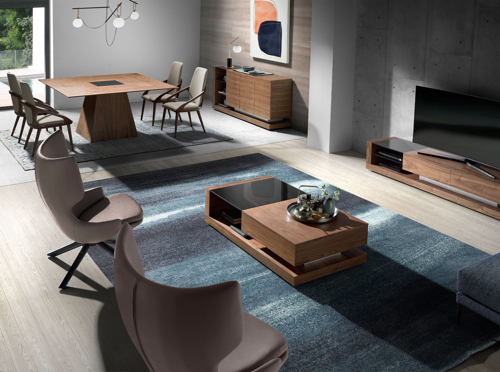 Sideboard walnut, brushed steel and black glass top