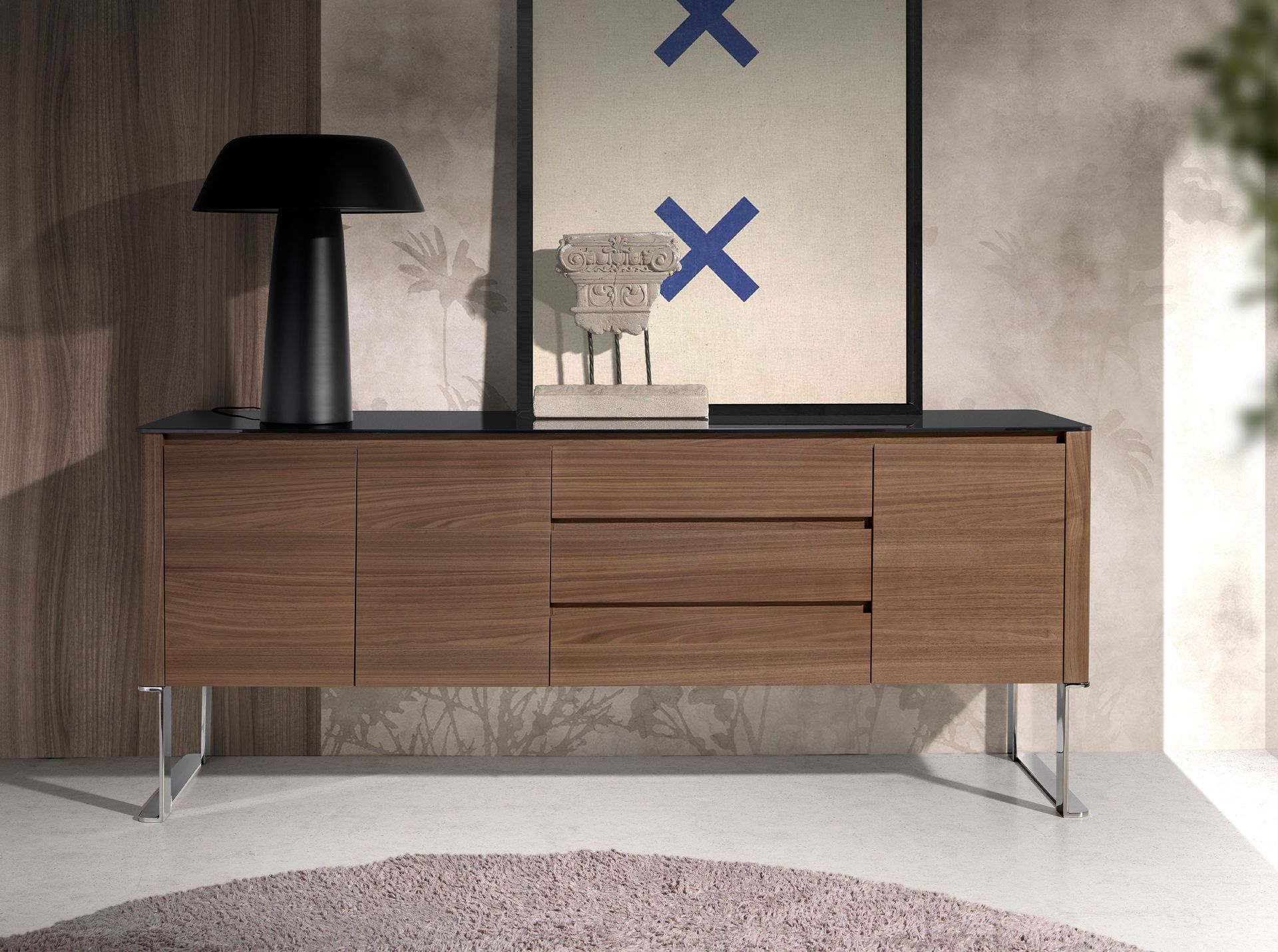 Sideboard walnut, chrome-plated steel and black glass top
