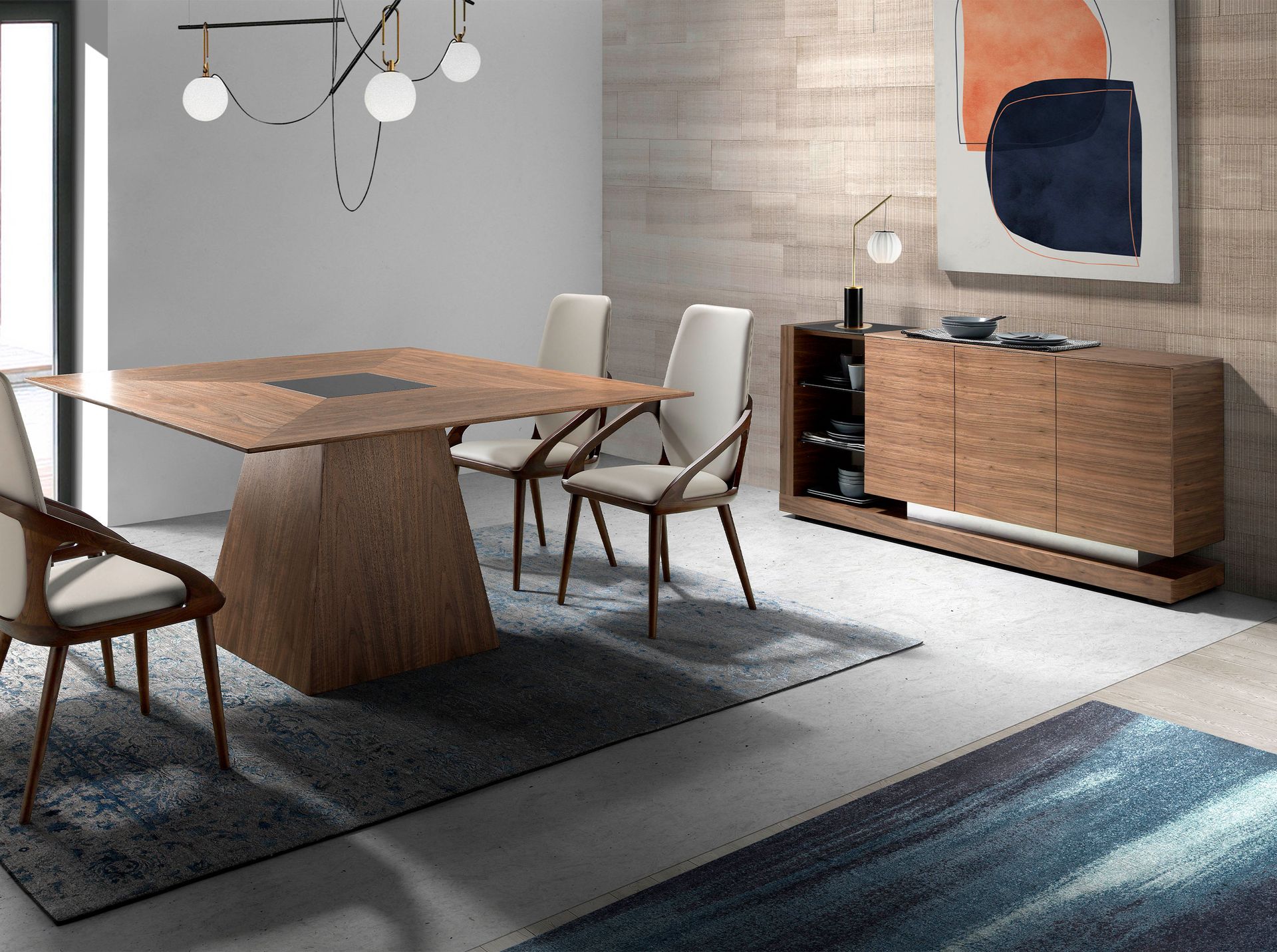 Sideboard walnut, brushed steel and black glass top