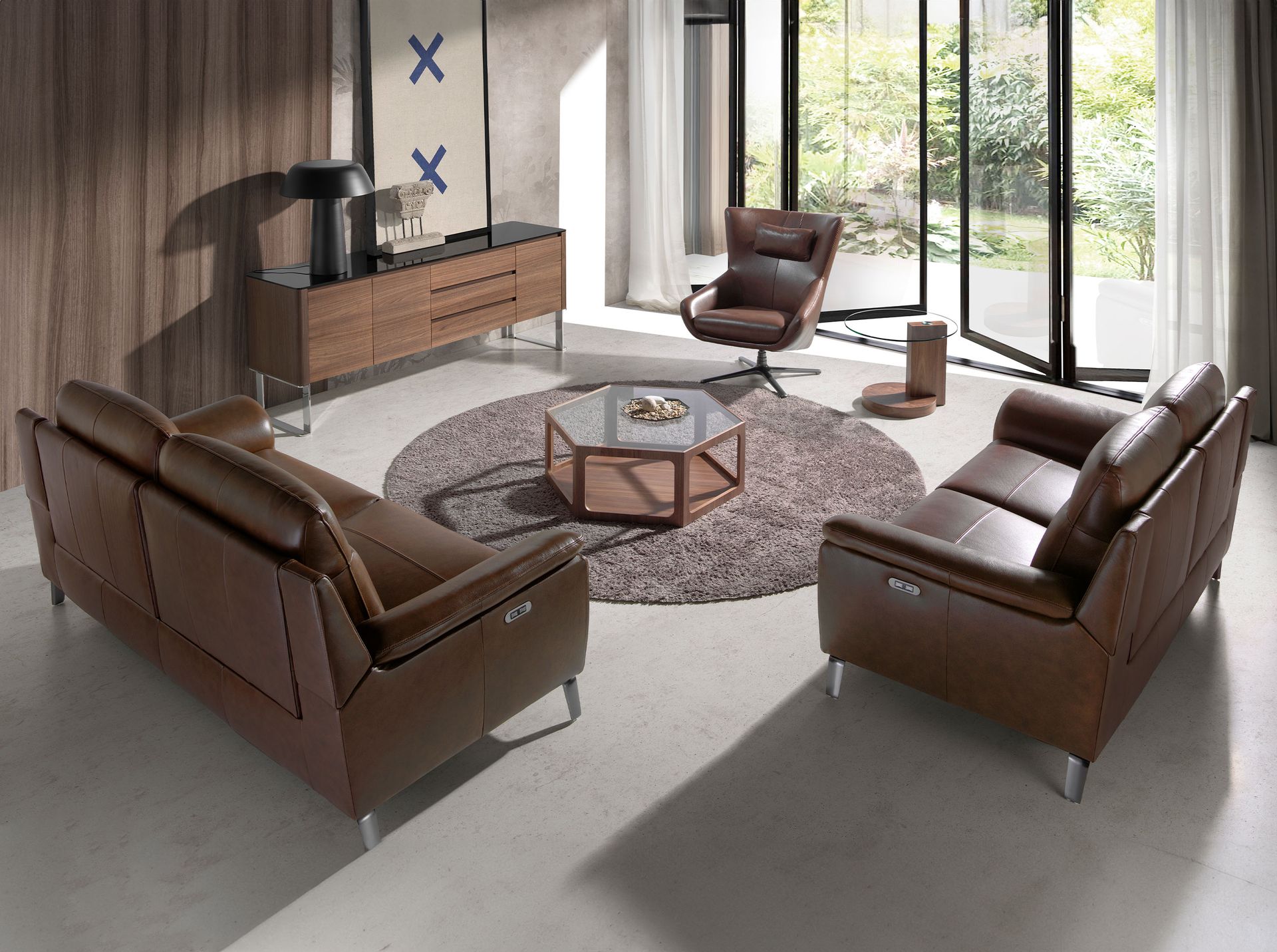 Sideboard walnut, chrome-plated steel and black glass top