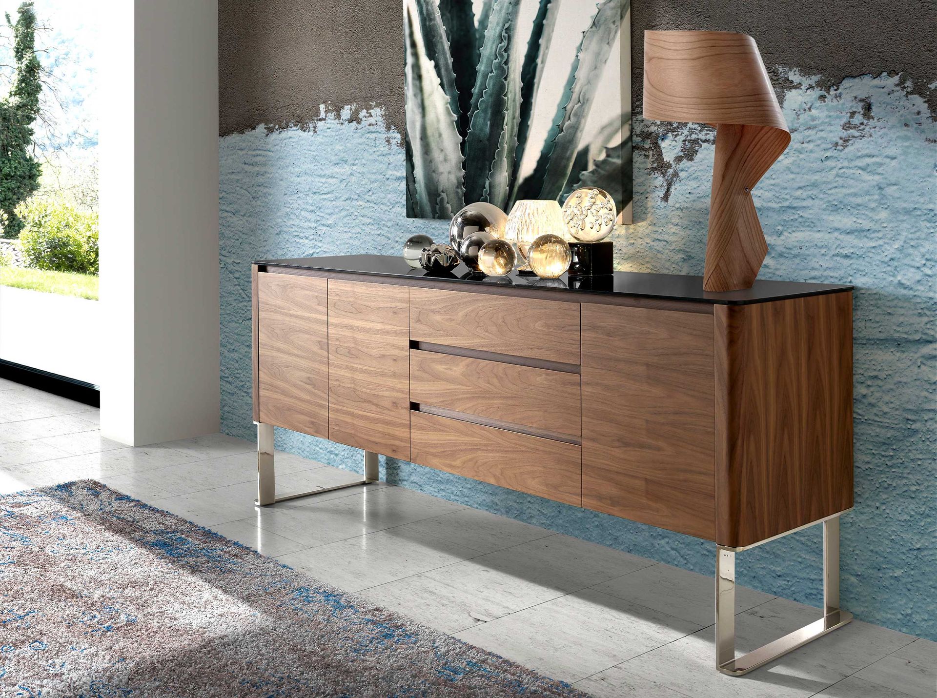 Sideboard walnut, chrome-plated steel and black glass top