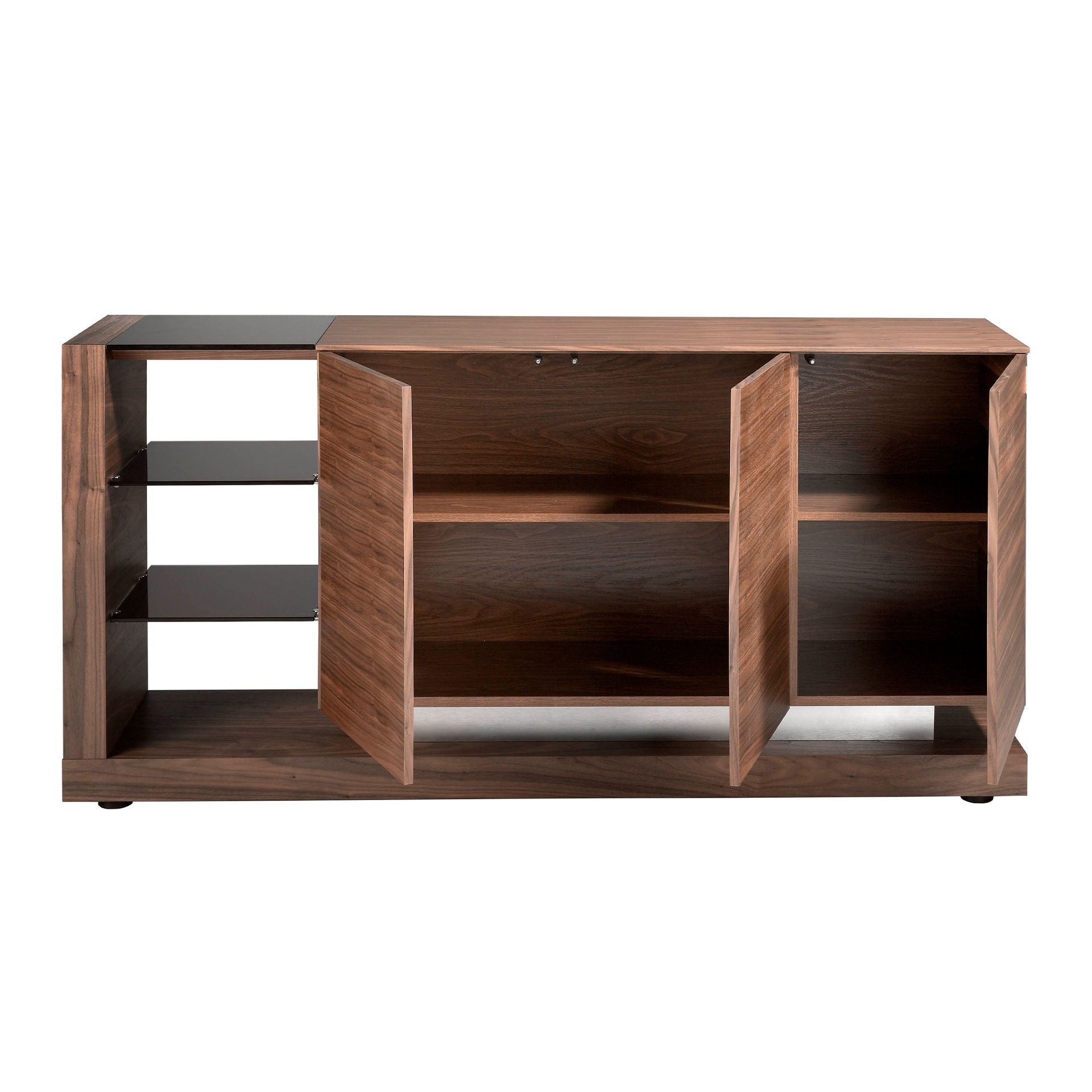 Sideboard walnut, brushed steel and black glass top