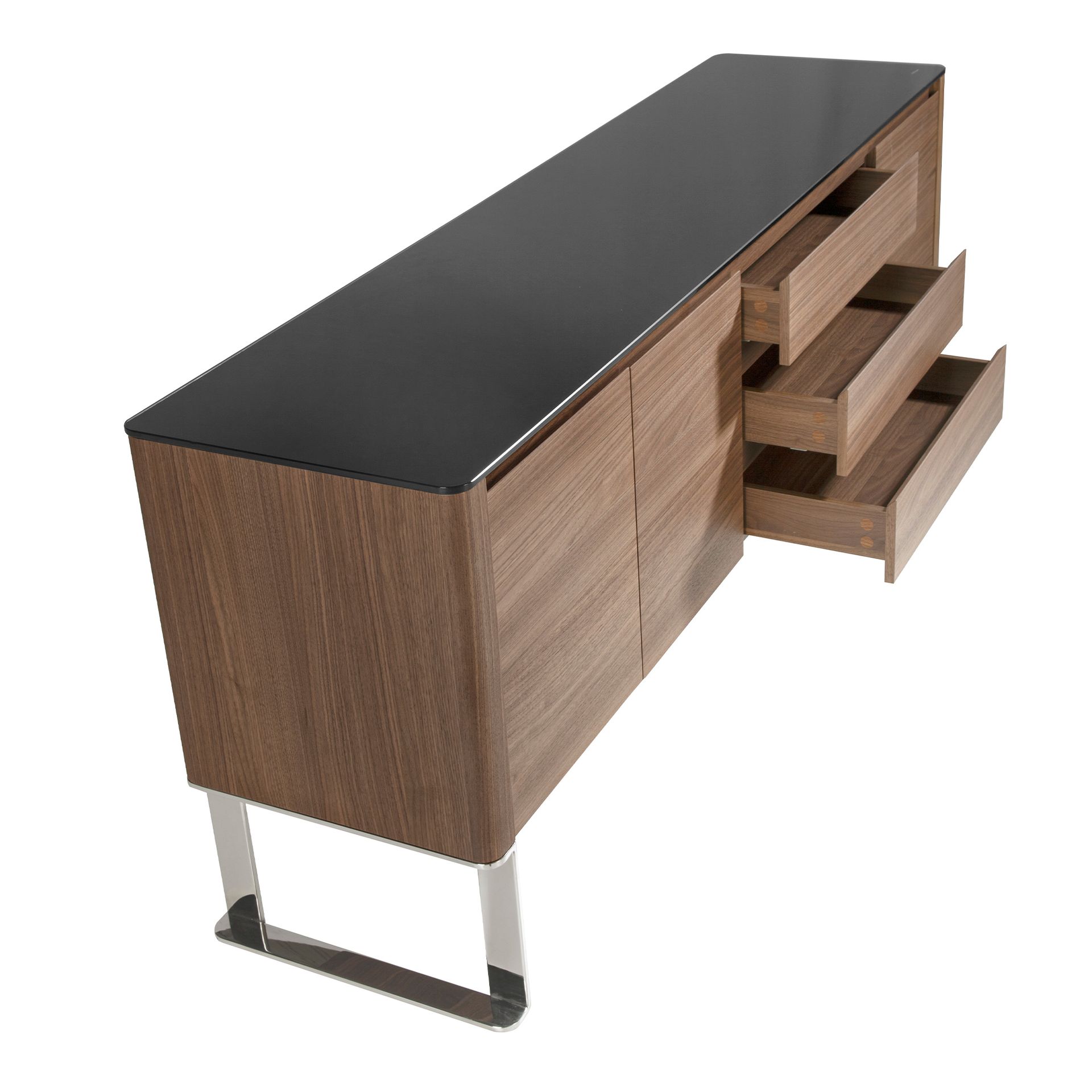 Sideboard walnut, chrome-plated steel and black glass top