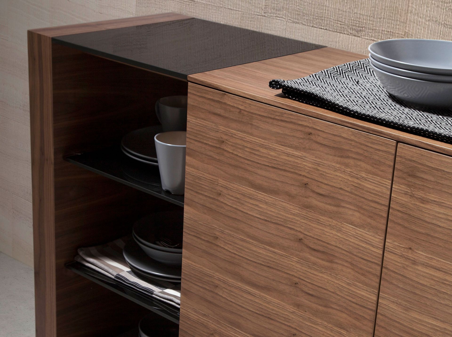 Sideboard walnut, brushed steel and black glass top