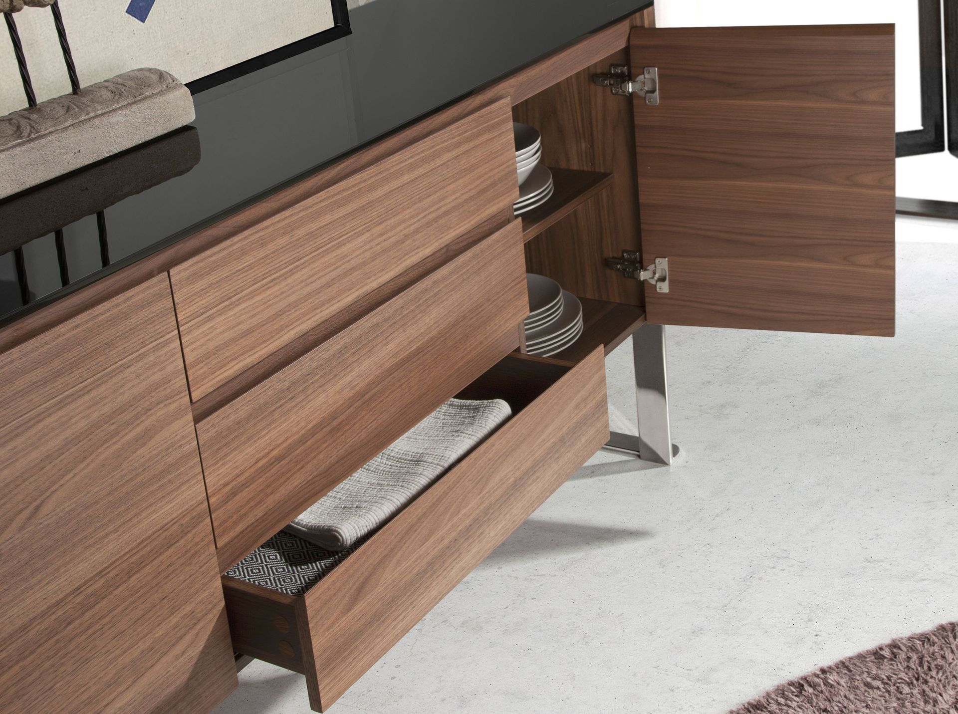 Sideboard walnut, chrome-plated steel and black glass top