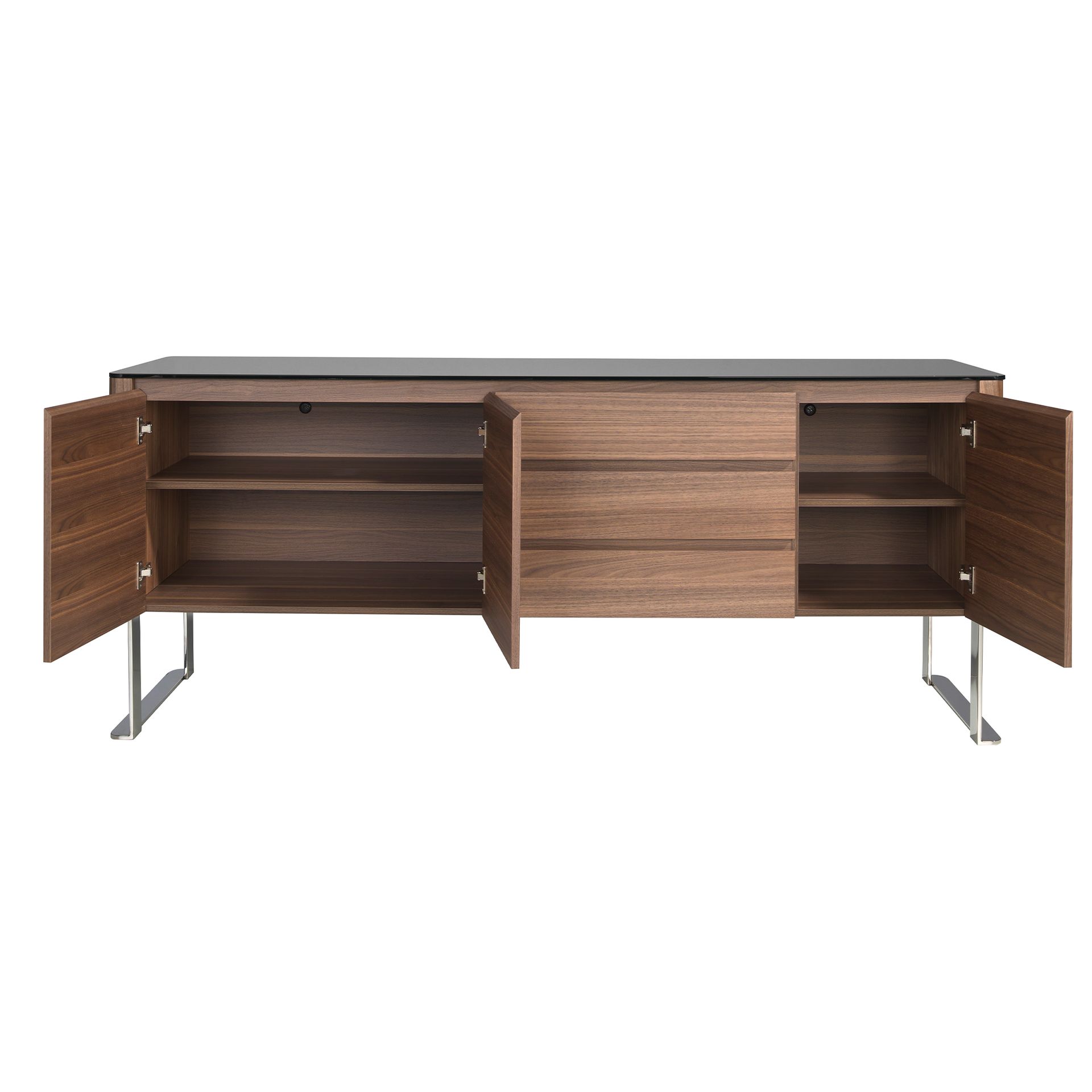 Sideboard walnut, chrome-plated steel and black glass top