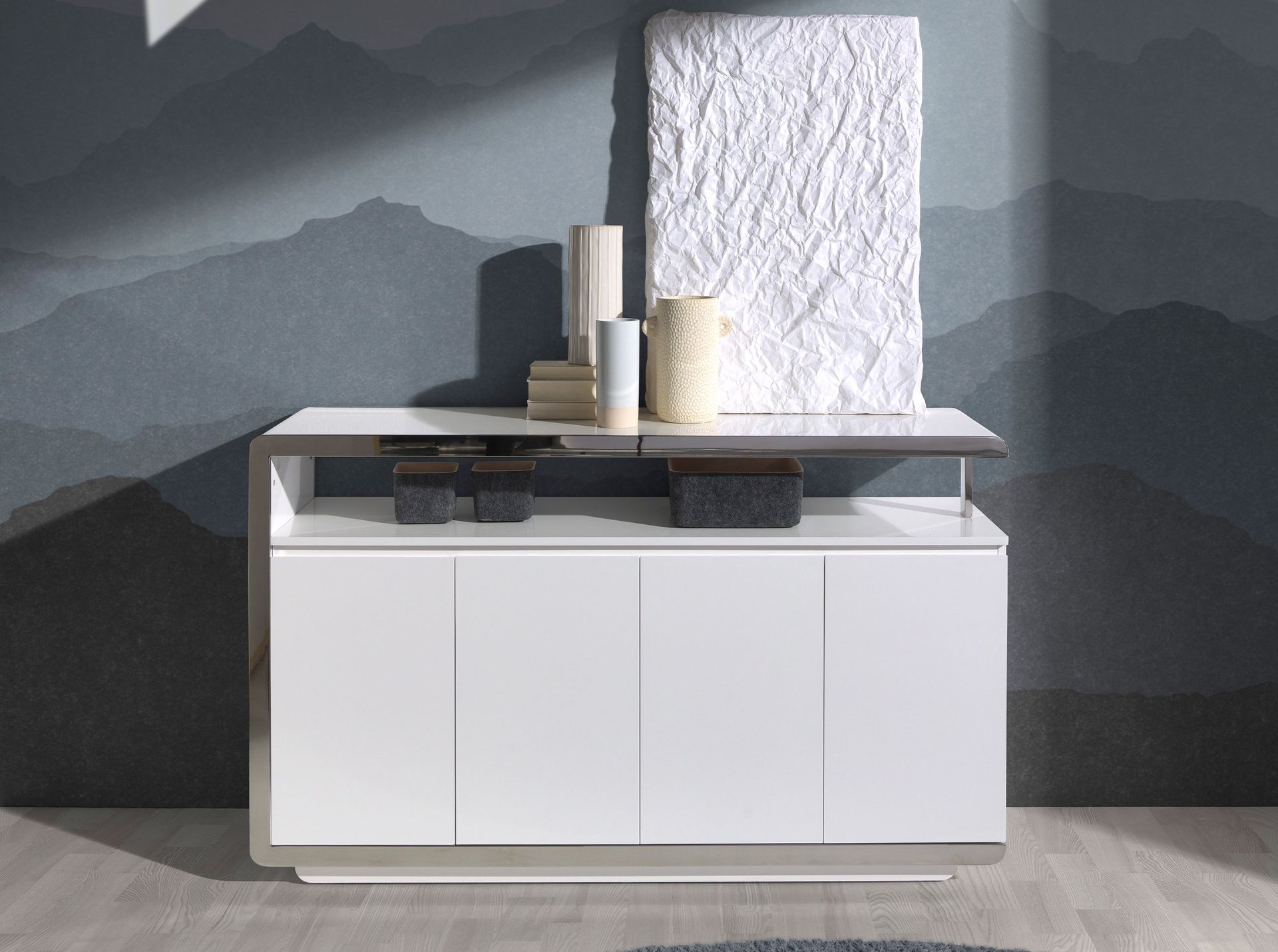 Sideboard white wood and chromed steel base
