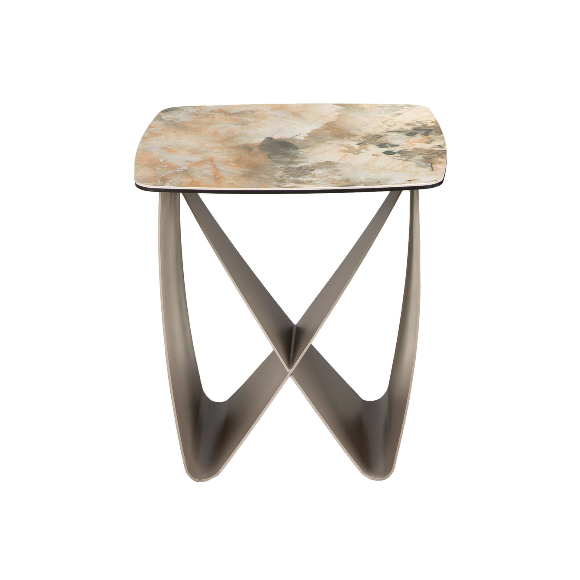 Square corner table in porcelain marble and metallic taupe steel