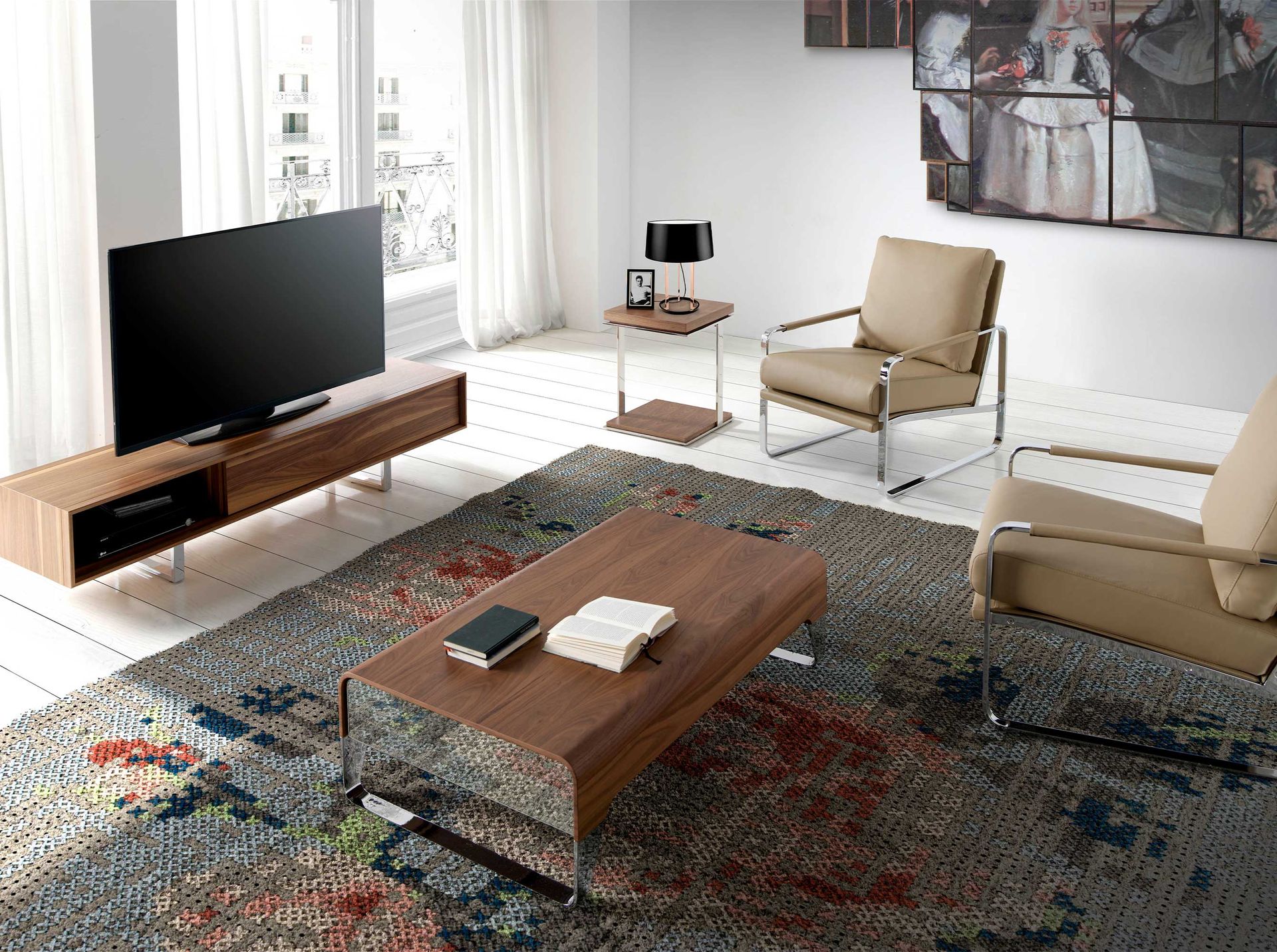 Square corner table walnut and chrome-plated steel