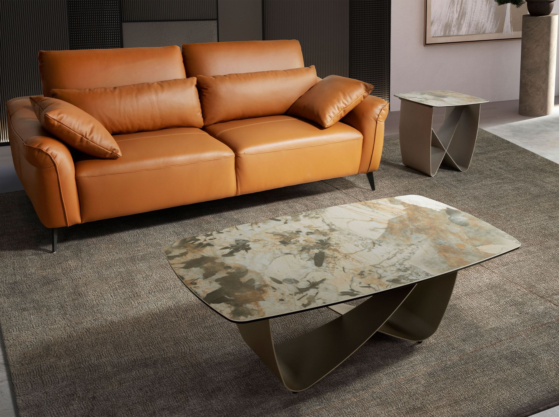 Square corner table in porcelain marble and metallic taupe steel