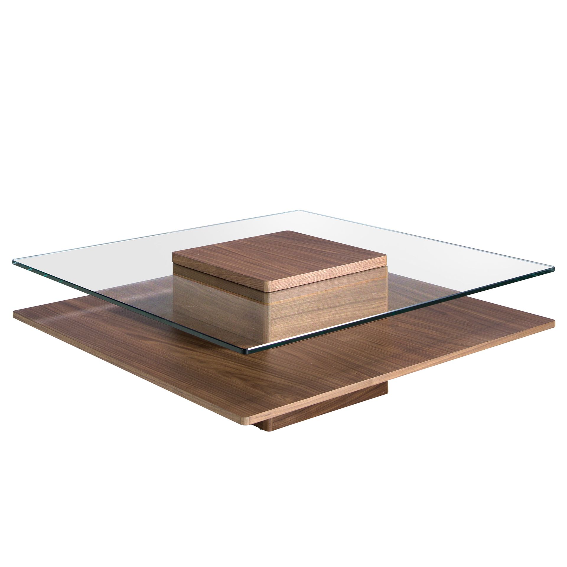 Square tempered glass and walnut coffee table