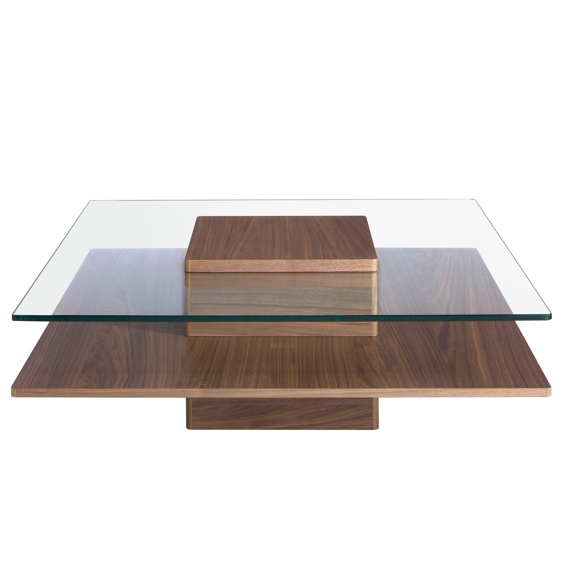 Square tempered glass and walnut coffee table