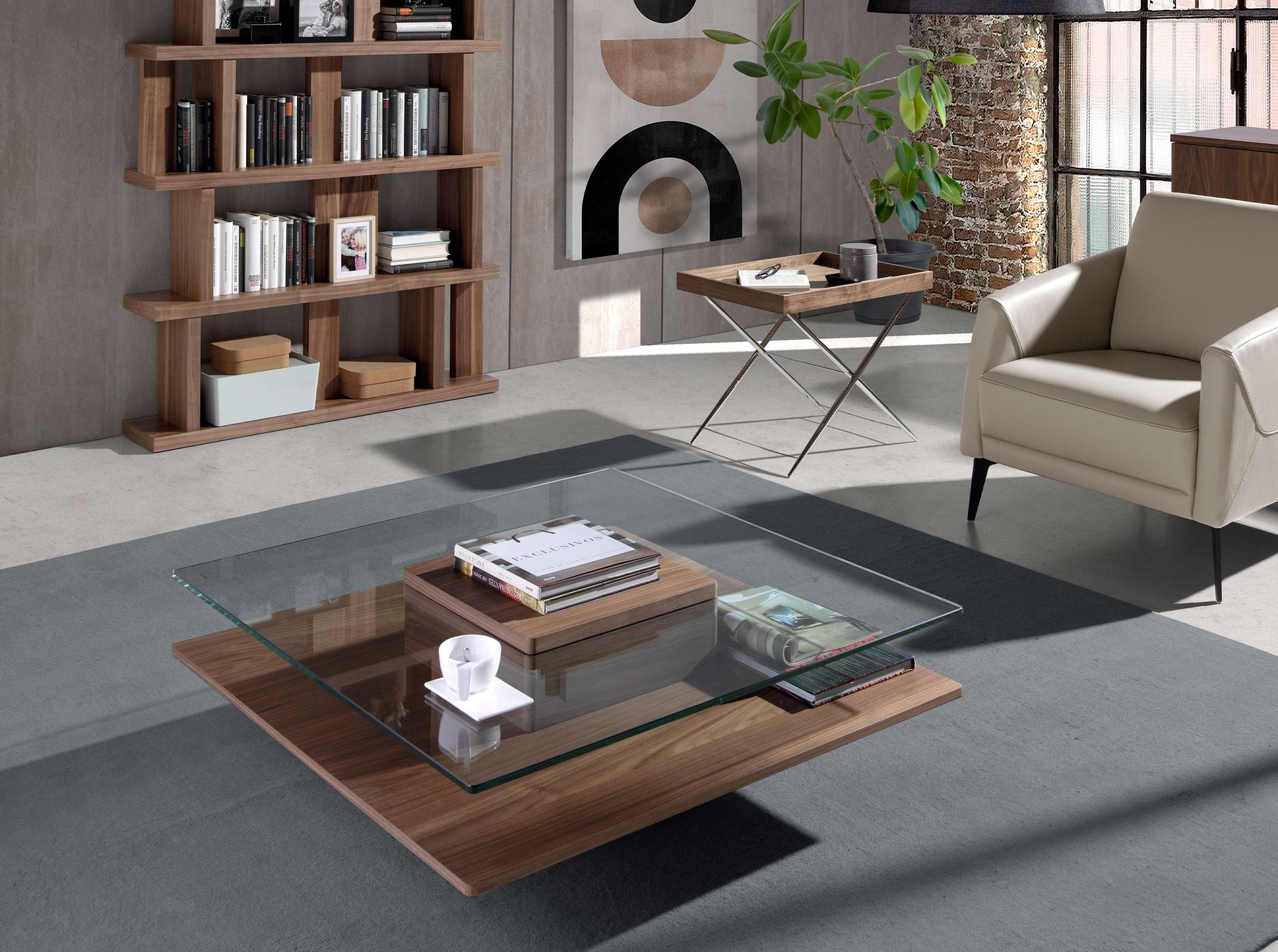 Square tempered glass and walnut coffee table