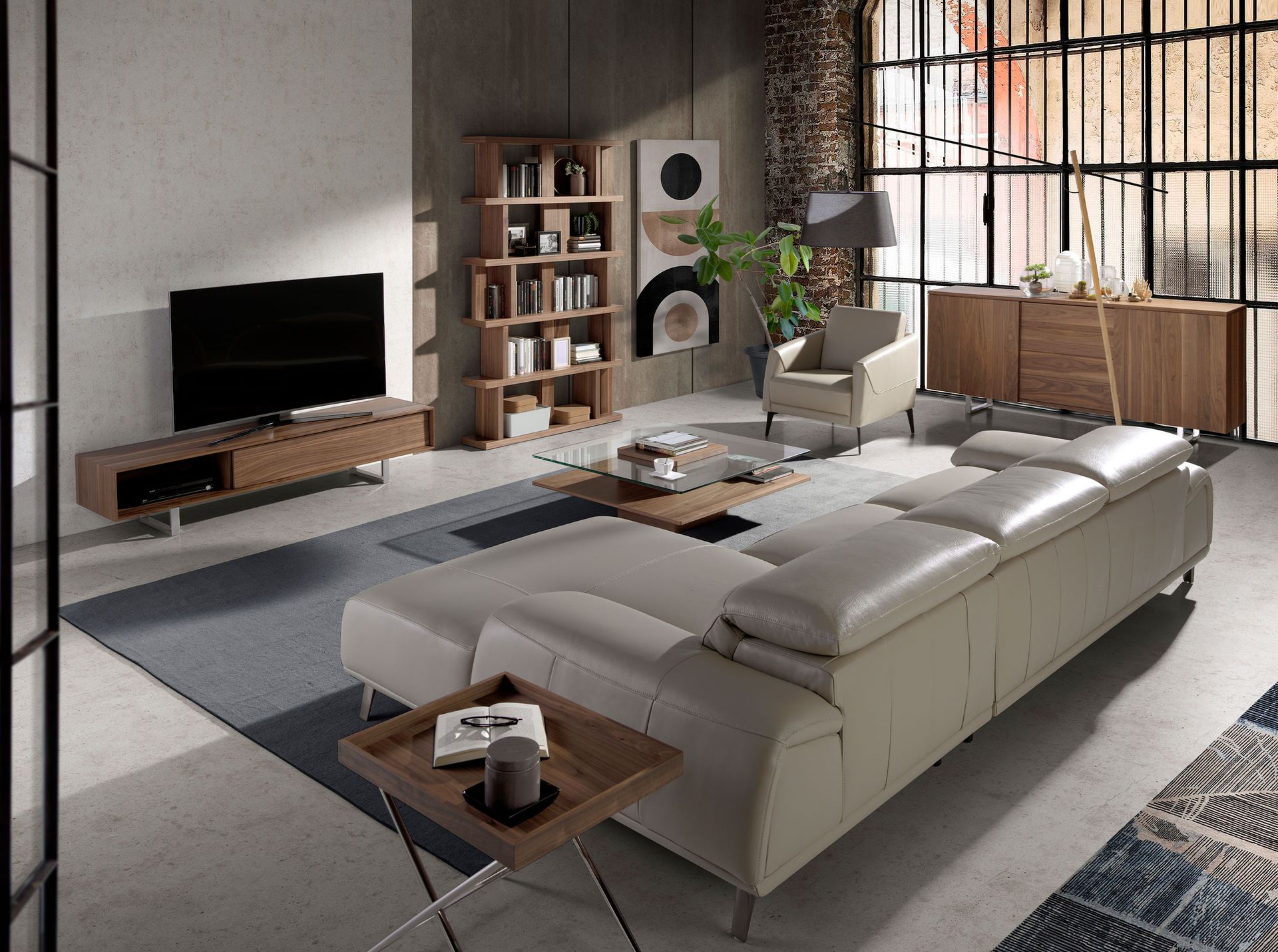 Square tempered glass and walnut coffee table
