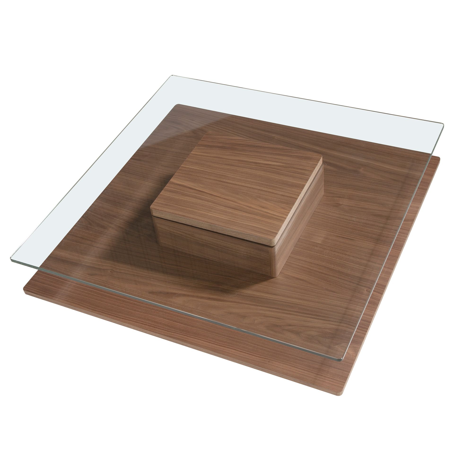 Square tempered glass and walnut coffee table