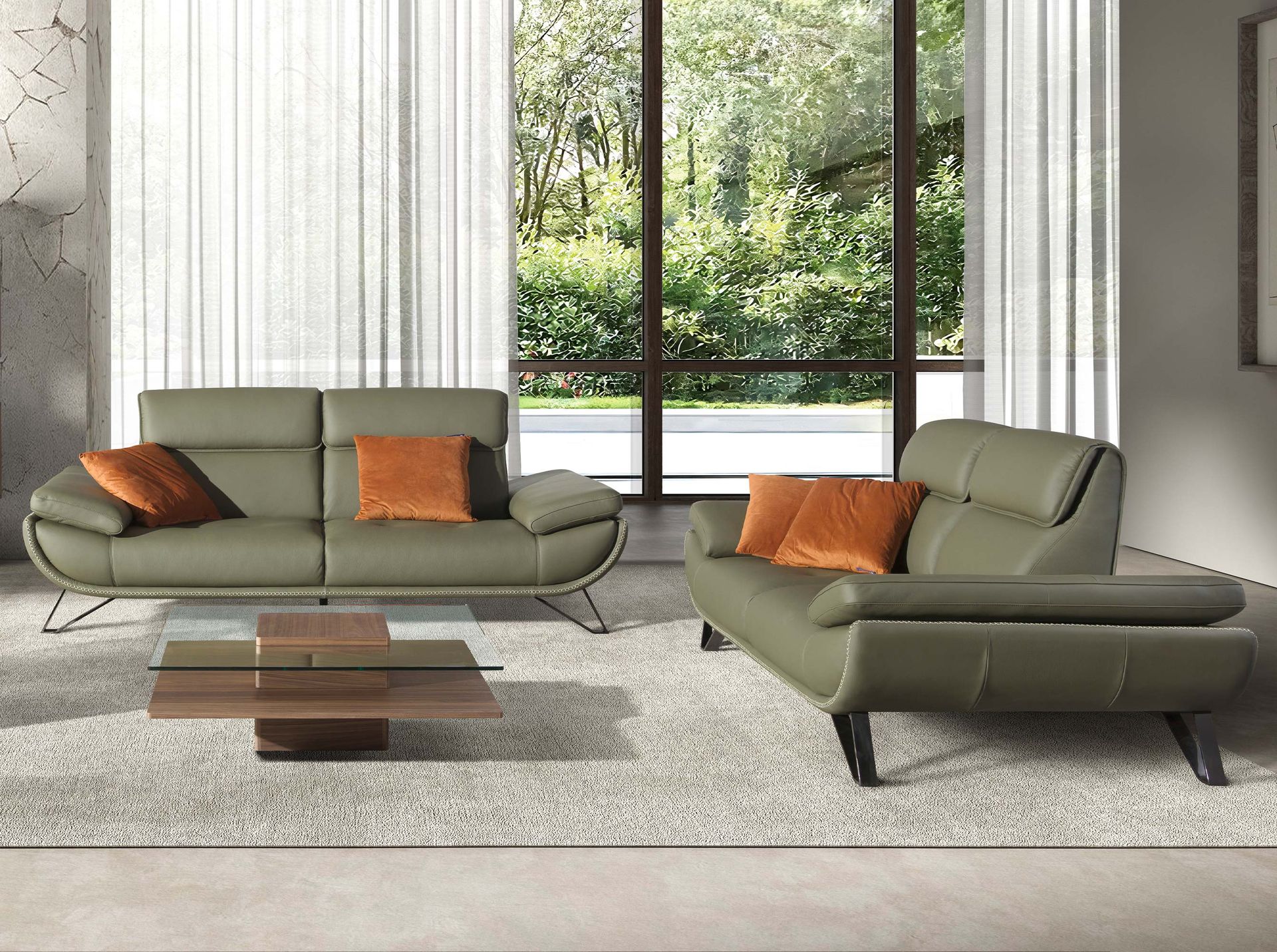 Square tempered glass and walnut coffee table