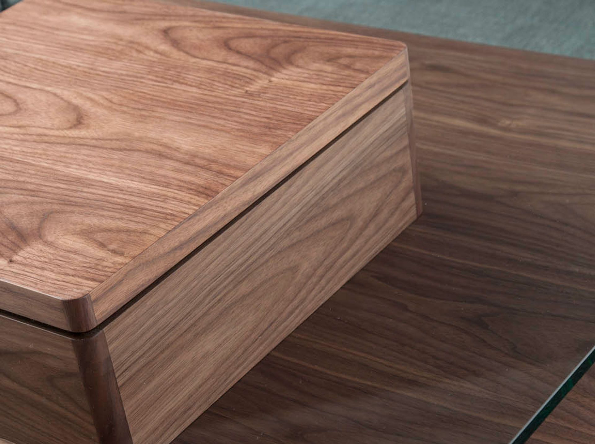 Square tempered glass and walnut coffee table
