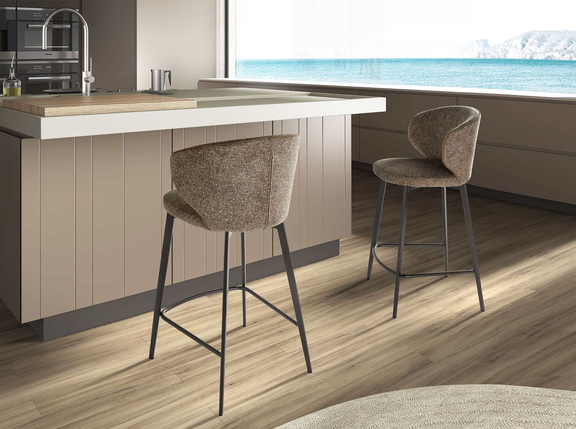 Stool upholstered in mottled brown fabric