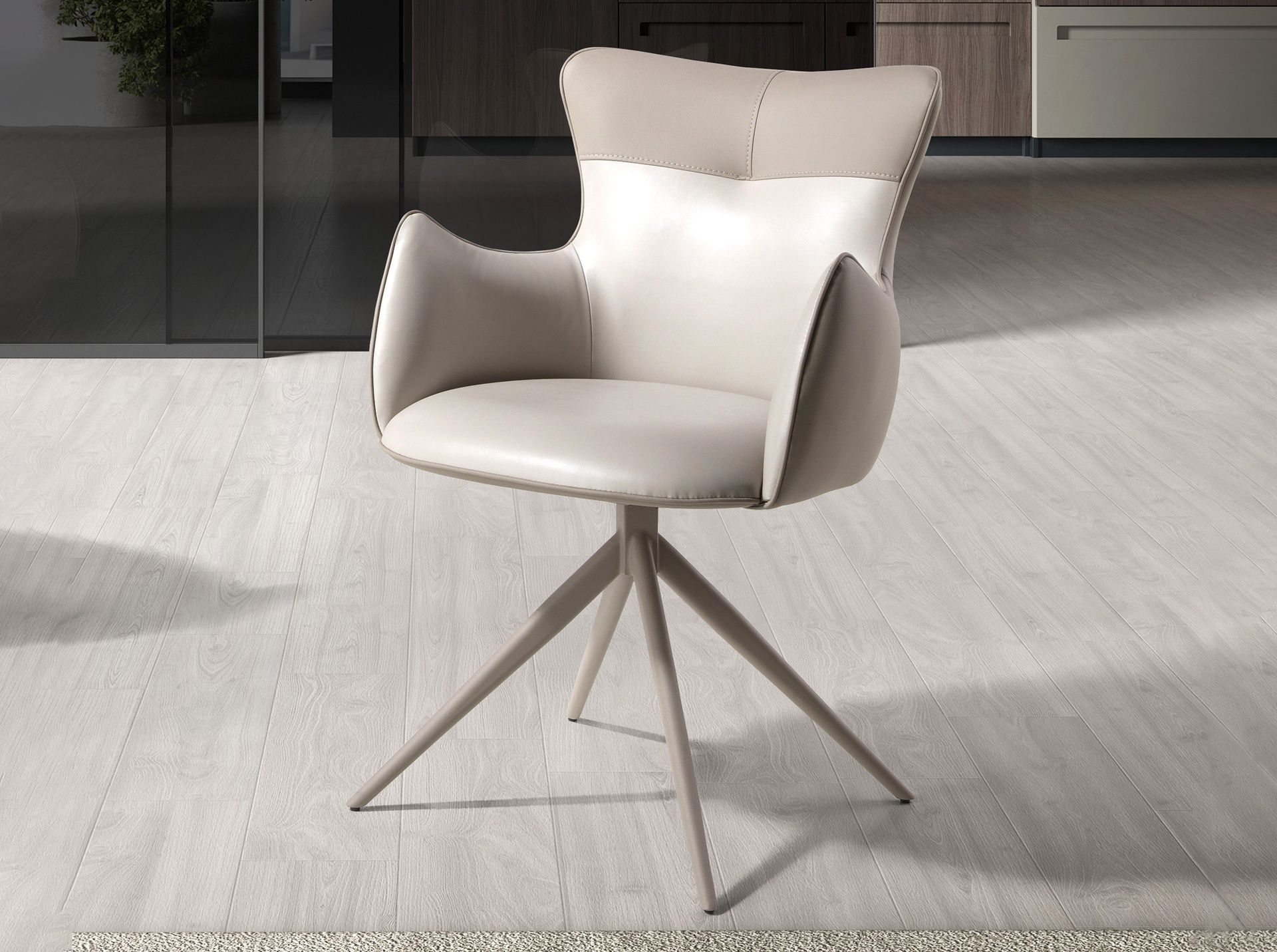 Swivel chair in off-white and greige leatherette