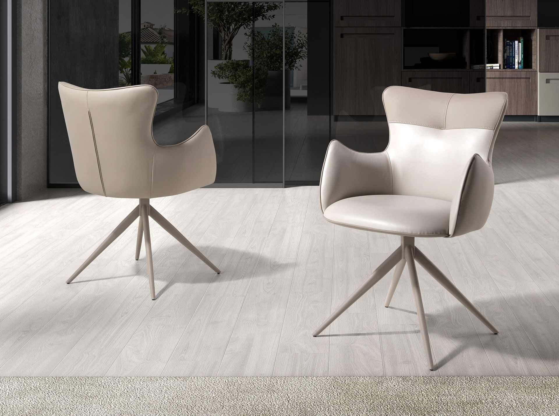 Swivel chair in off-white and greige leatherette