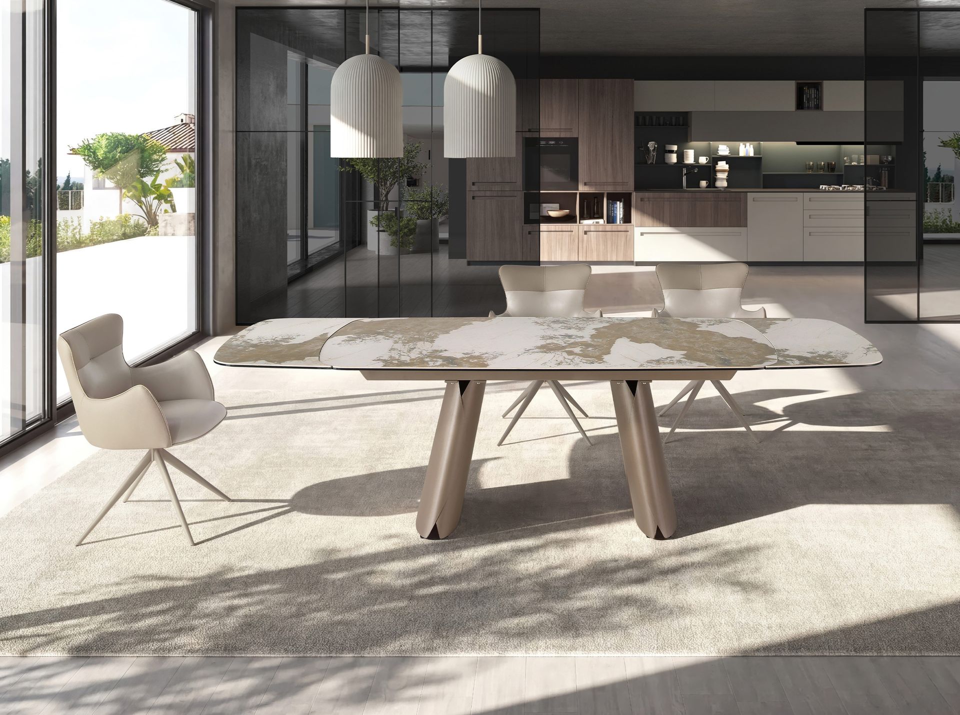 Swivel chair in off-white and greige leatherette