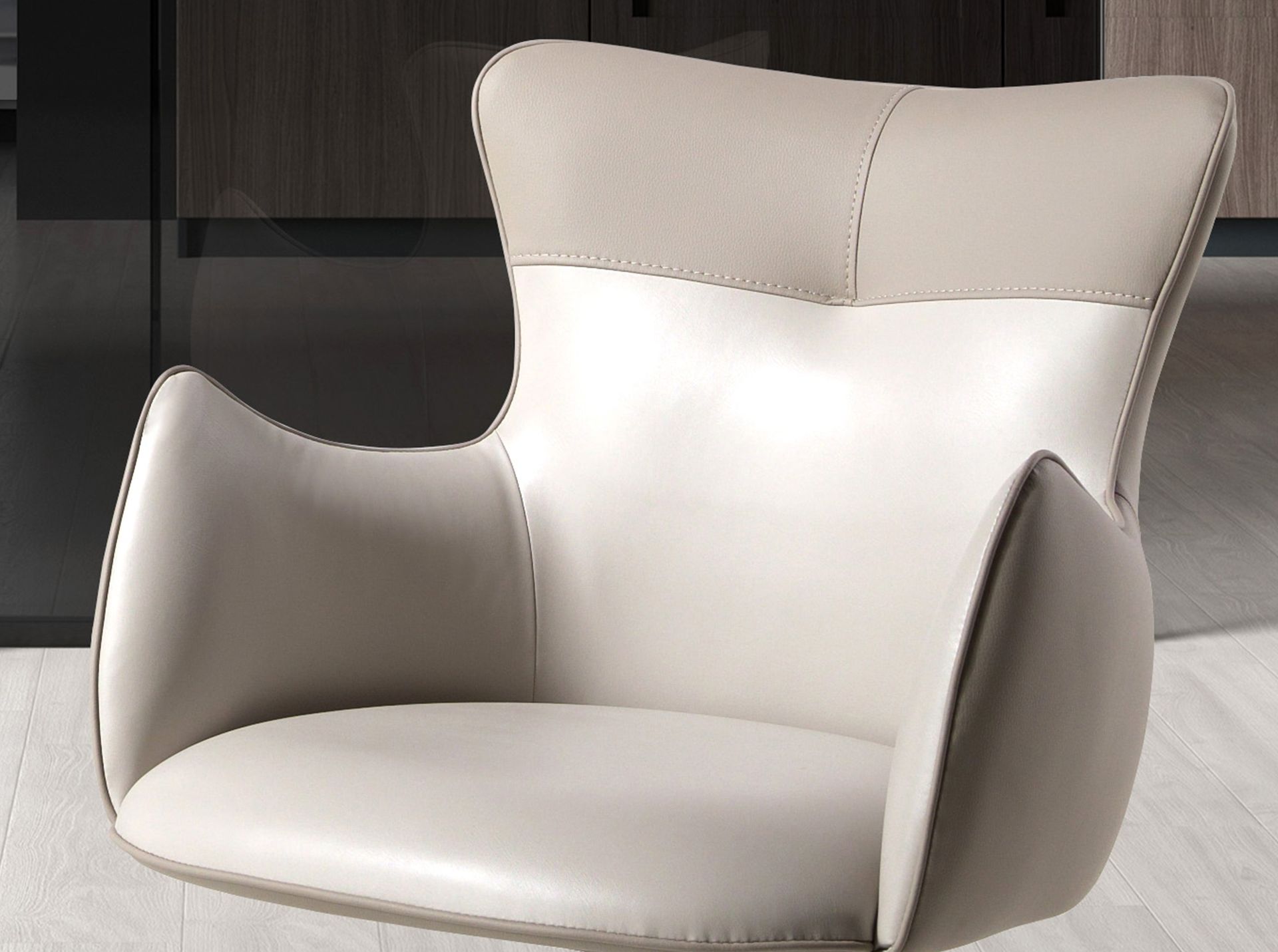 Swivel chair in off-white and greige leatherette