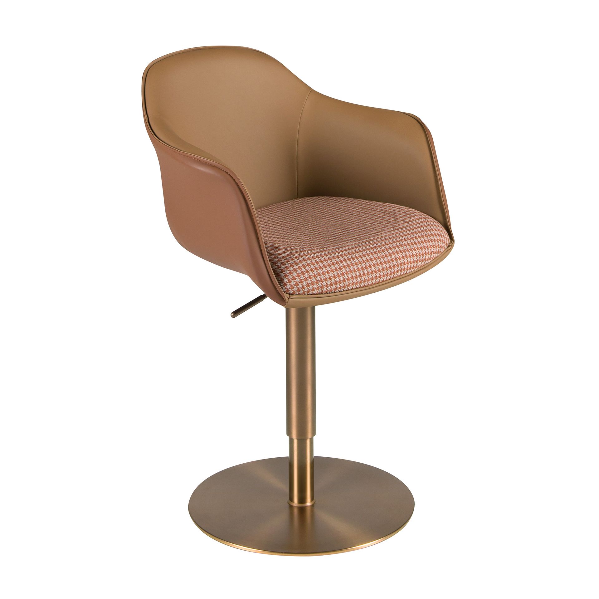 Swivel chair terracotta brown and beige fabric and brown leatherette